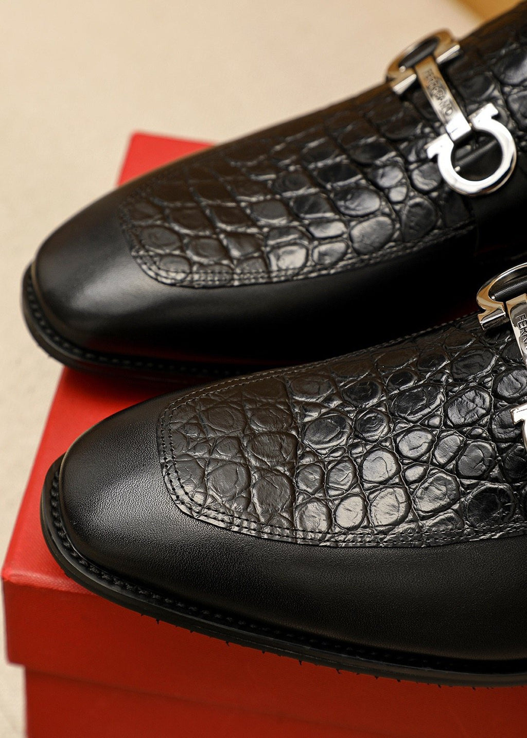 Ferragamo Black Embossed Leather Buckle Loafers — detail