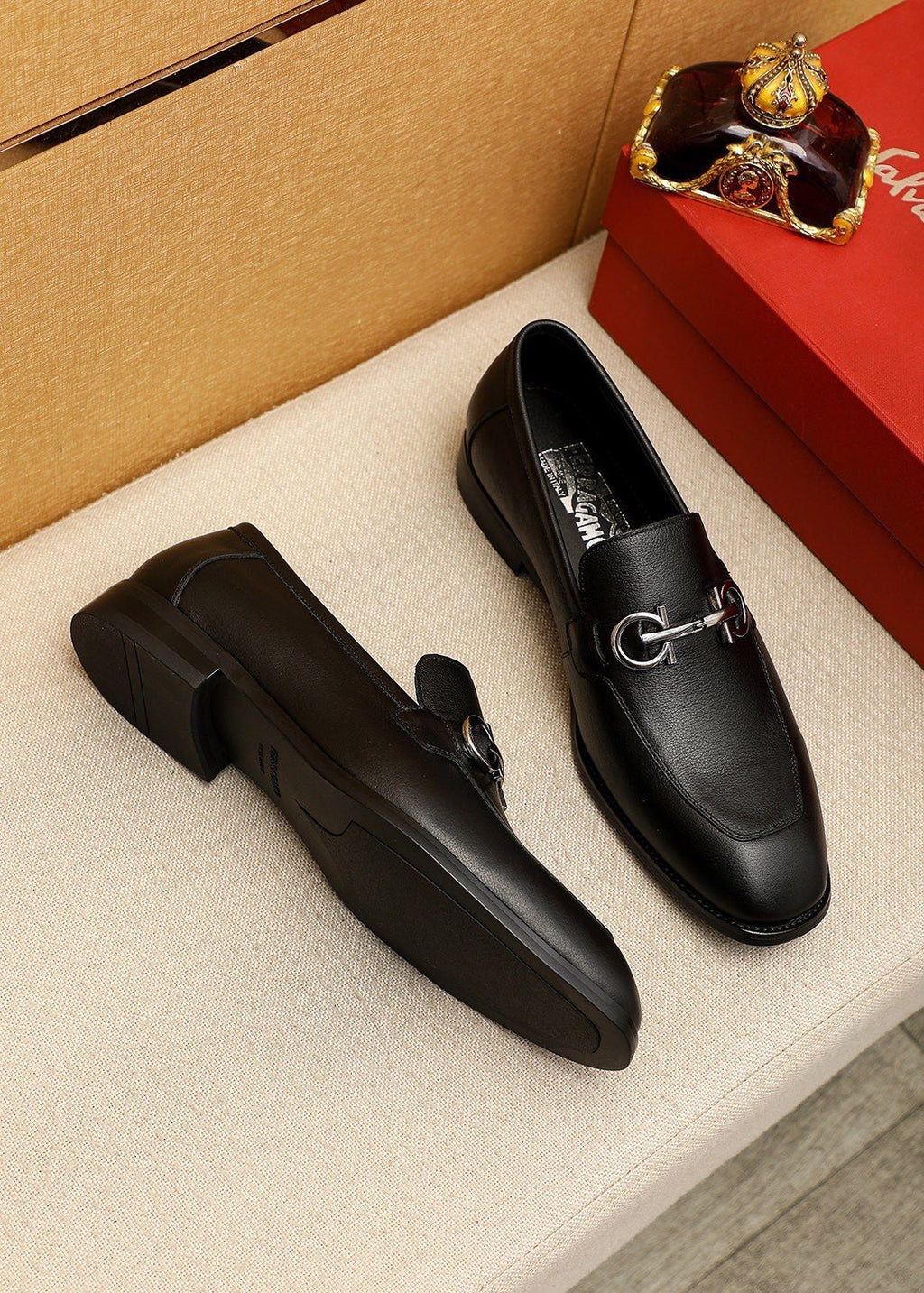 Ferragamo Black Textured Loafers — front