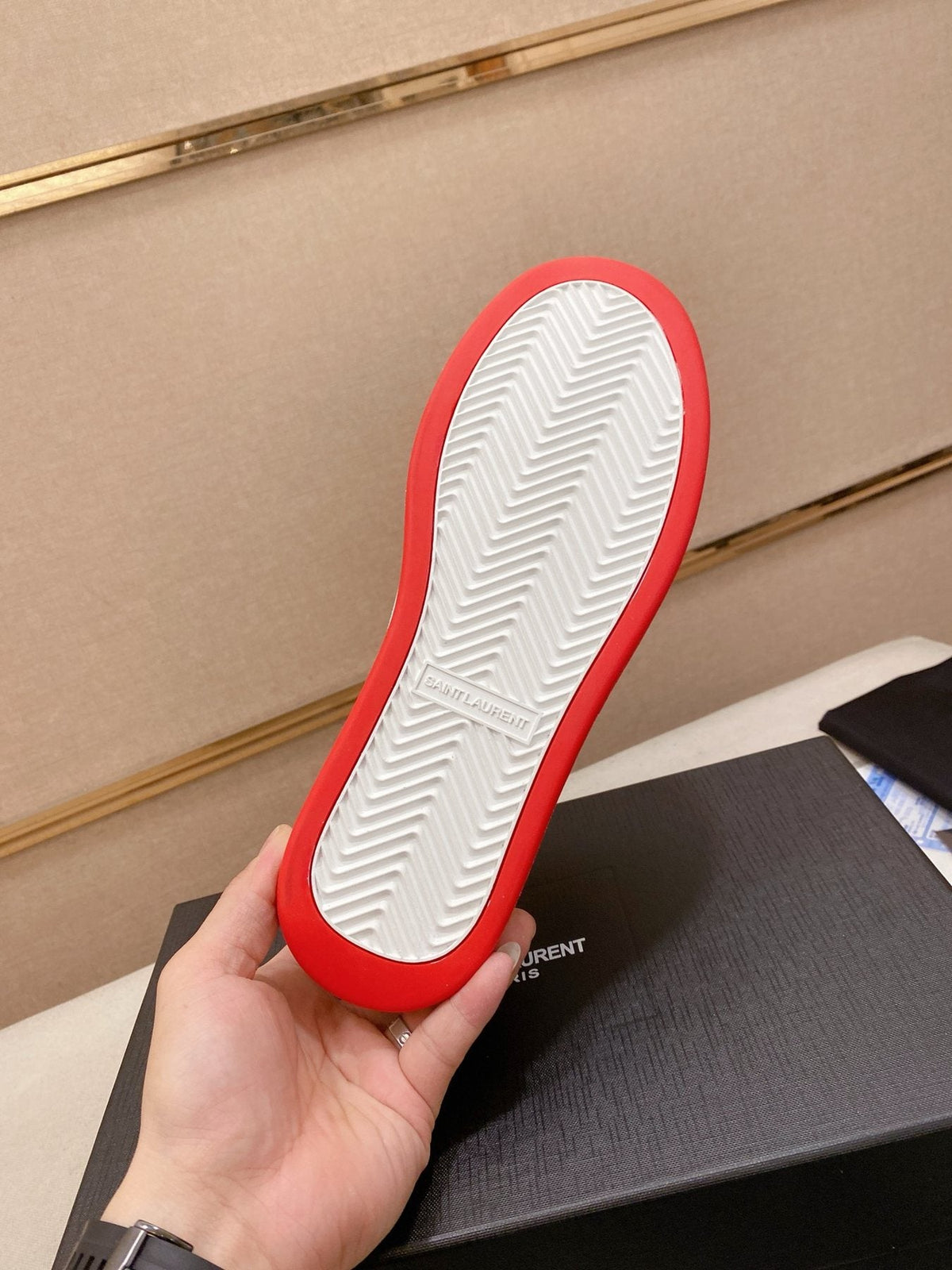 Saint Laurent White Red Perforated Low-Top Sneakers — detail