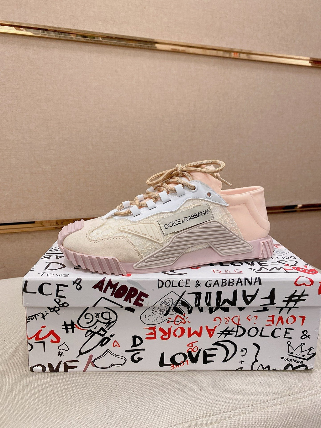 Dolce & Gabbana Pale Pink Cream Low-Top Sneakers — hero