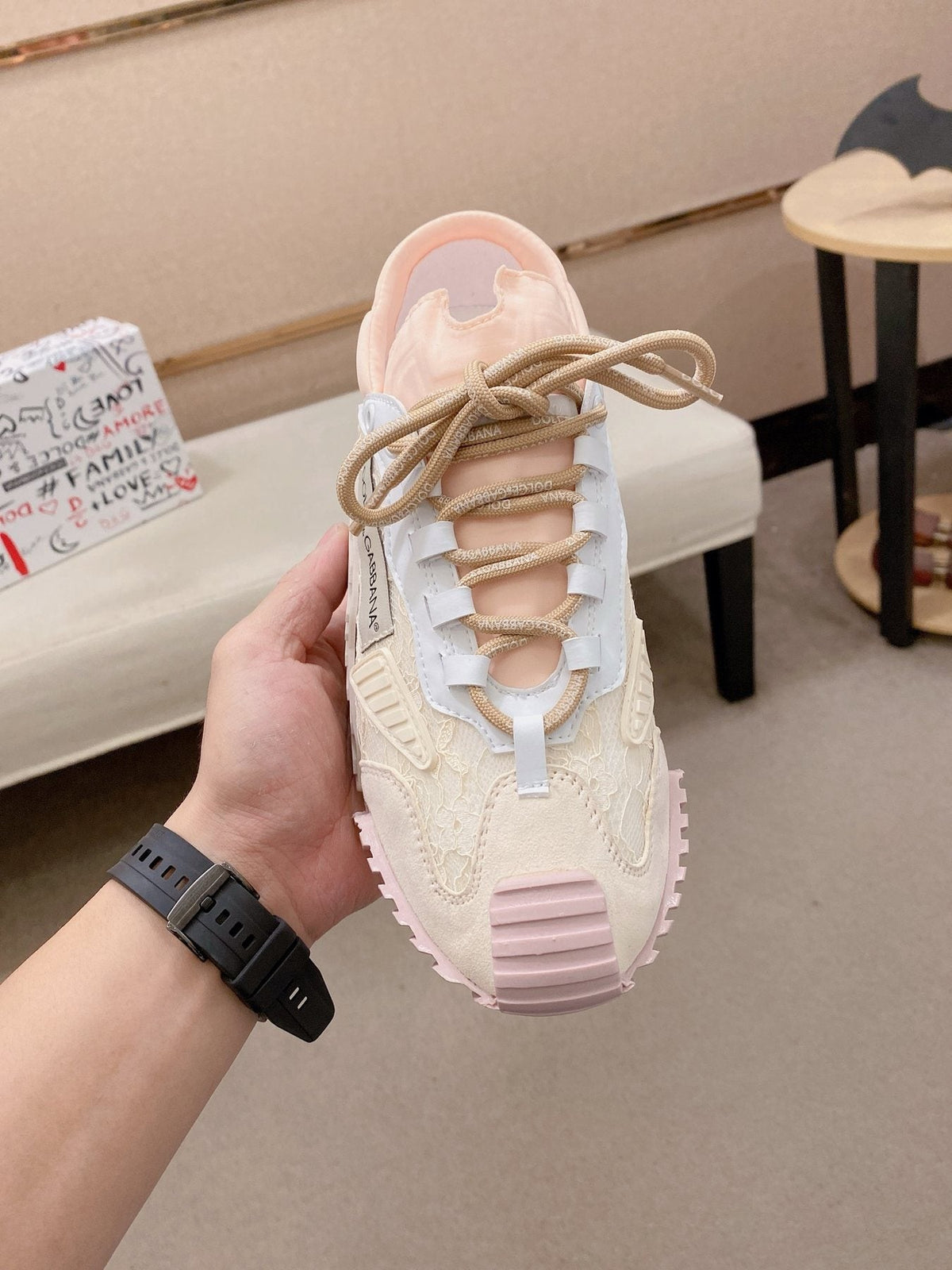 Dolce & Gabbana Pale Pink Cream Low-Top Sneakers — front