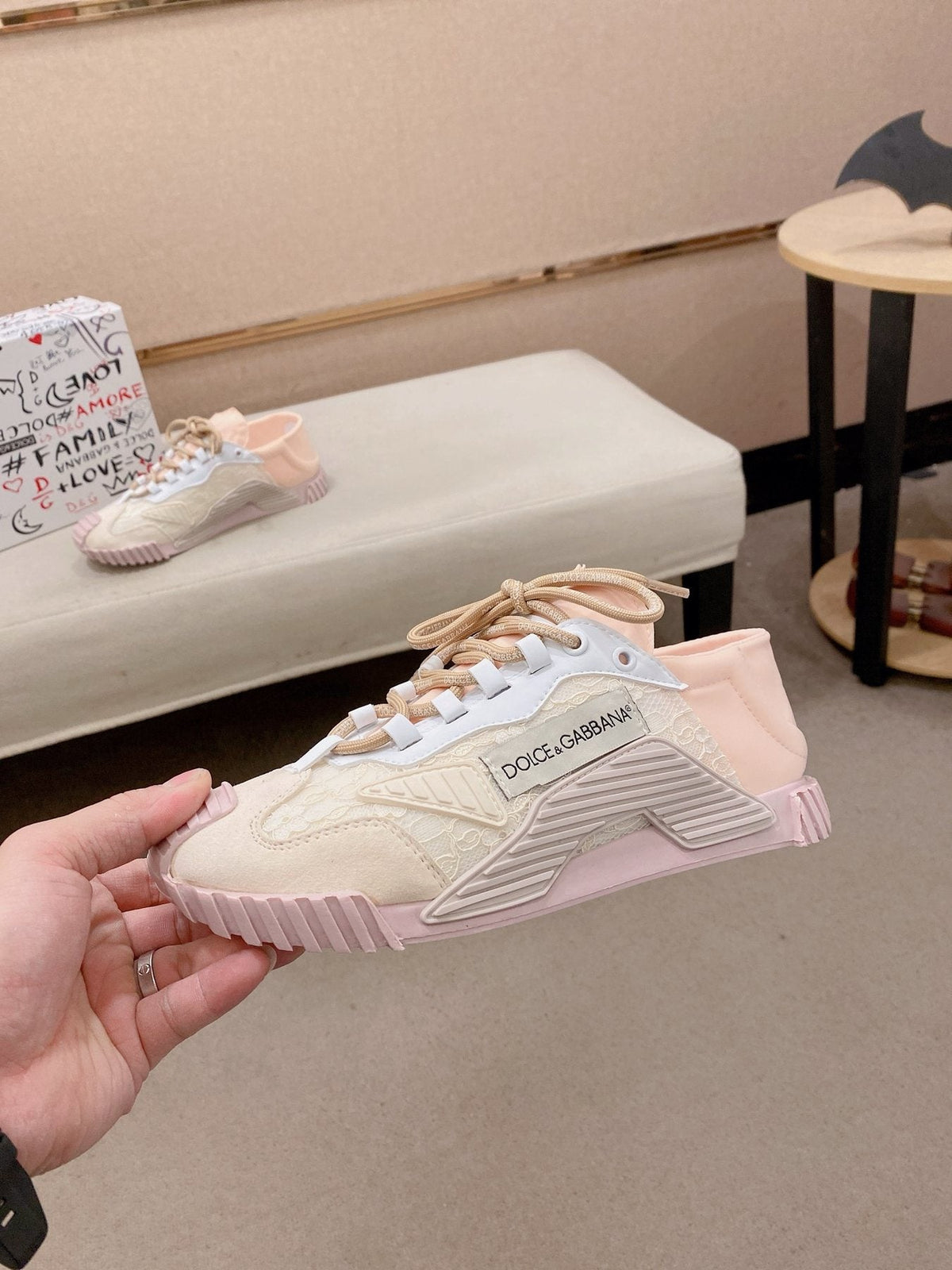 Dolce & Gabbana Pale Pink Cream Low-Top Sneakers — side
