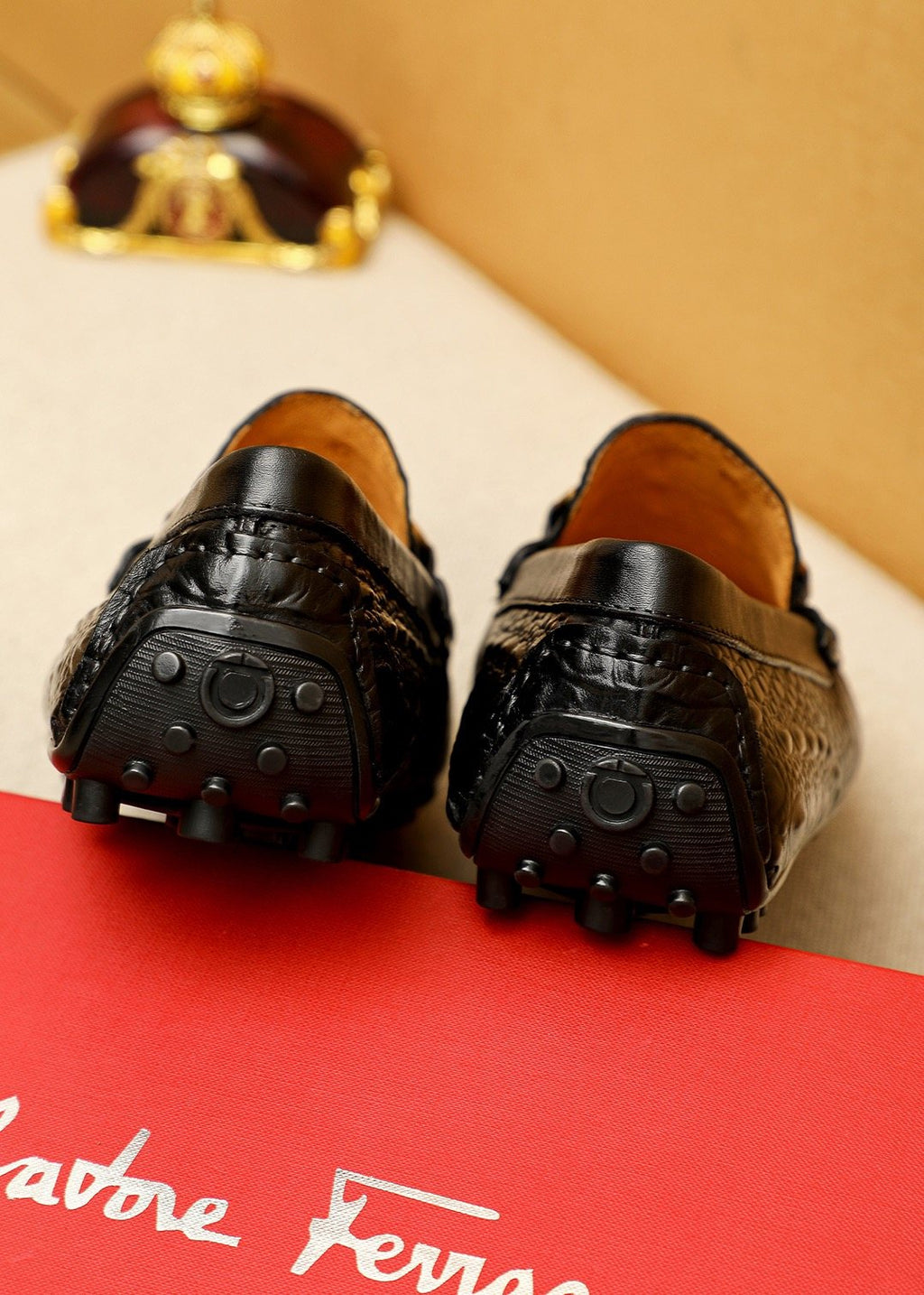 Ferragamo Black Embossed Leather Loafers — back