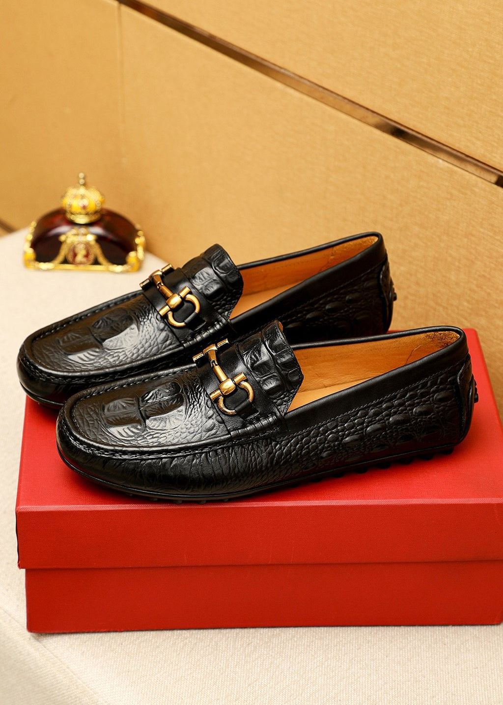 Ferragamo Black Embossed Leather Loafers — front