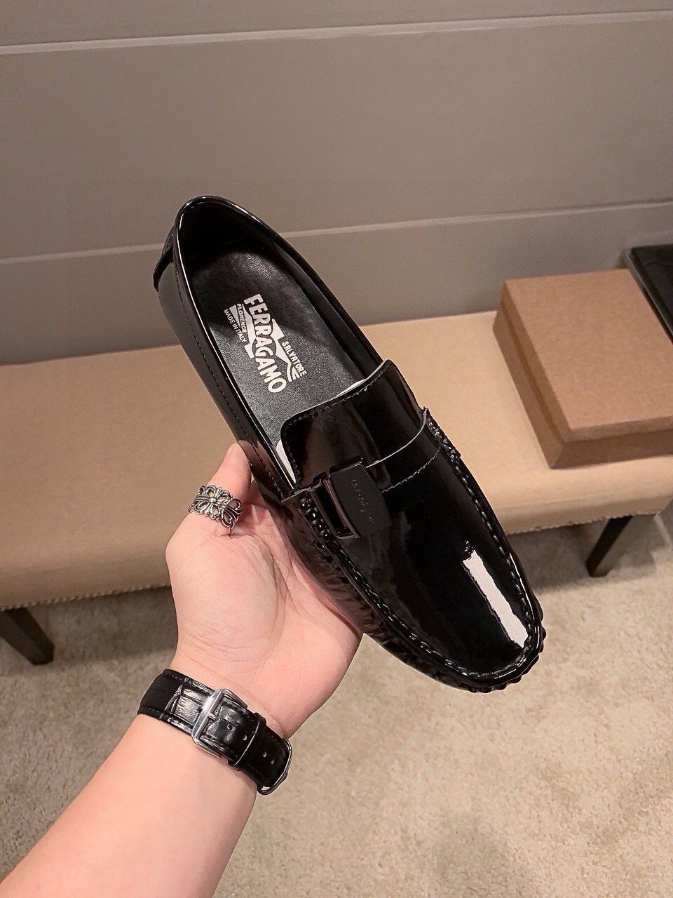 Ferragamo Black Patent Leather Loafers — front