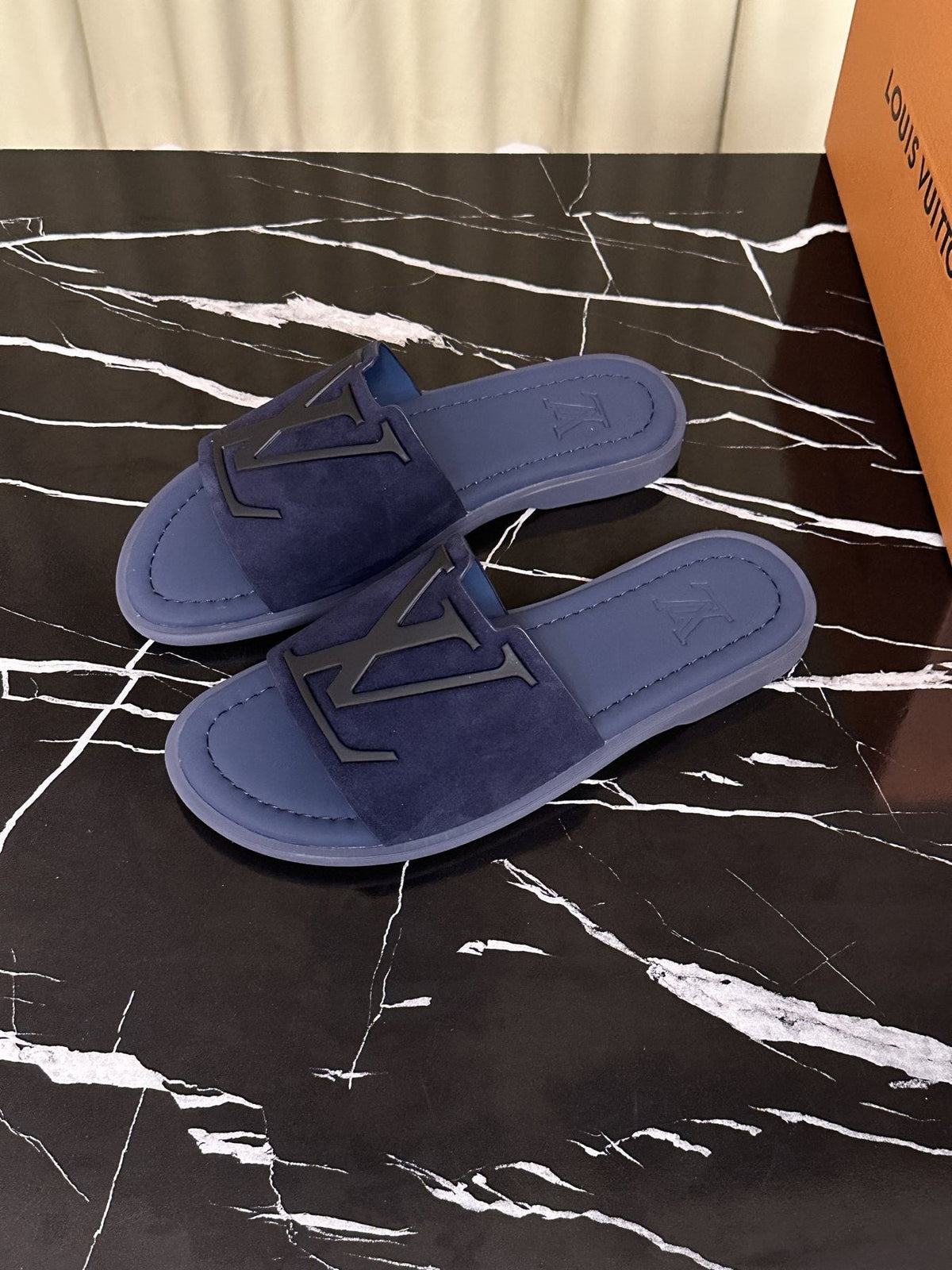 Louis Vuitton Navy Blue Logo Slide Sandals — front