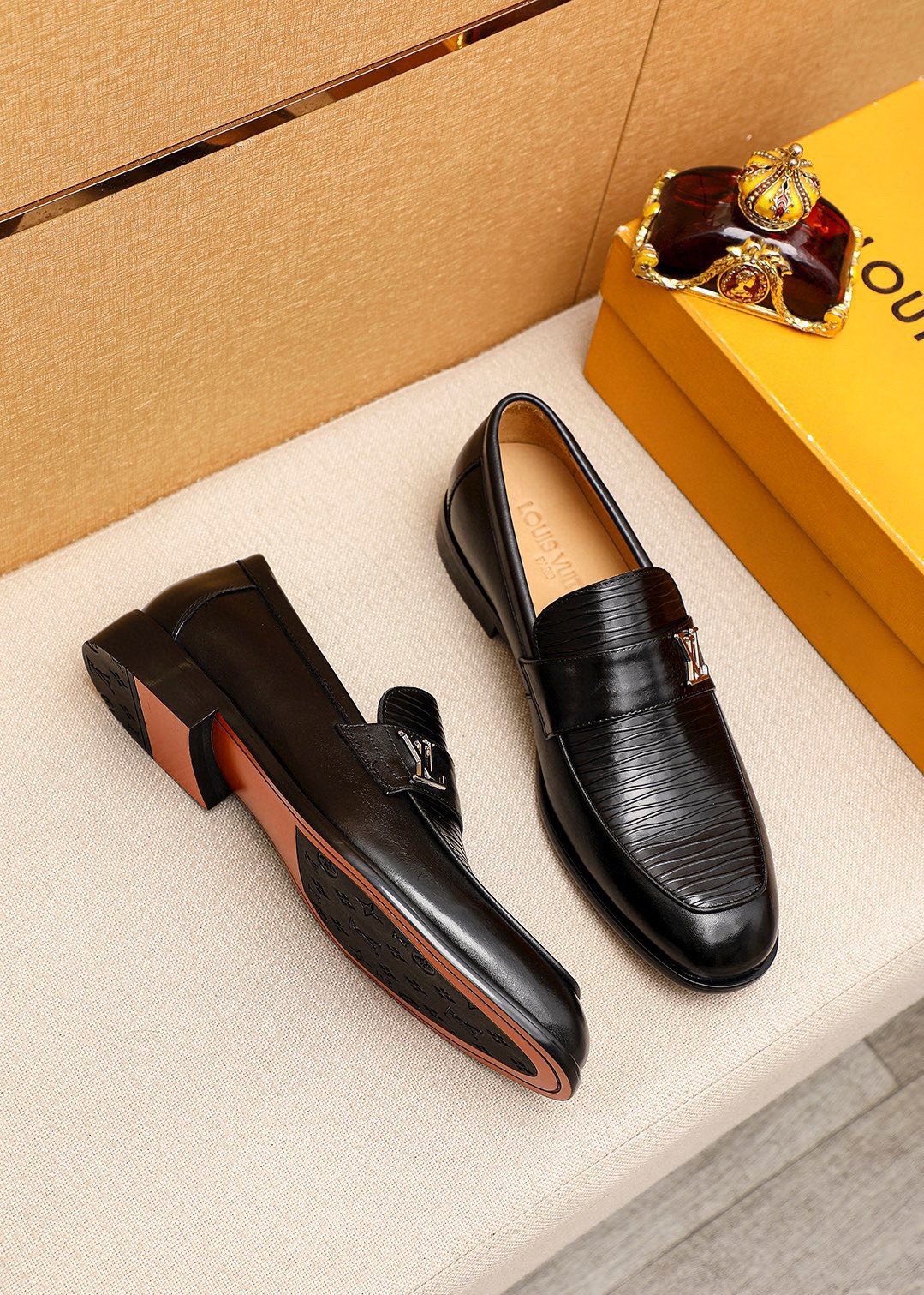 Louis Vuitton Black Textured Loafers — front