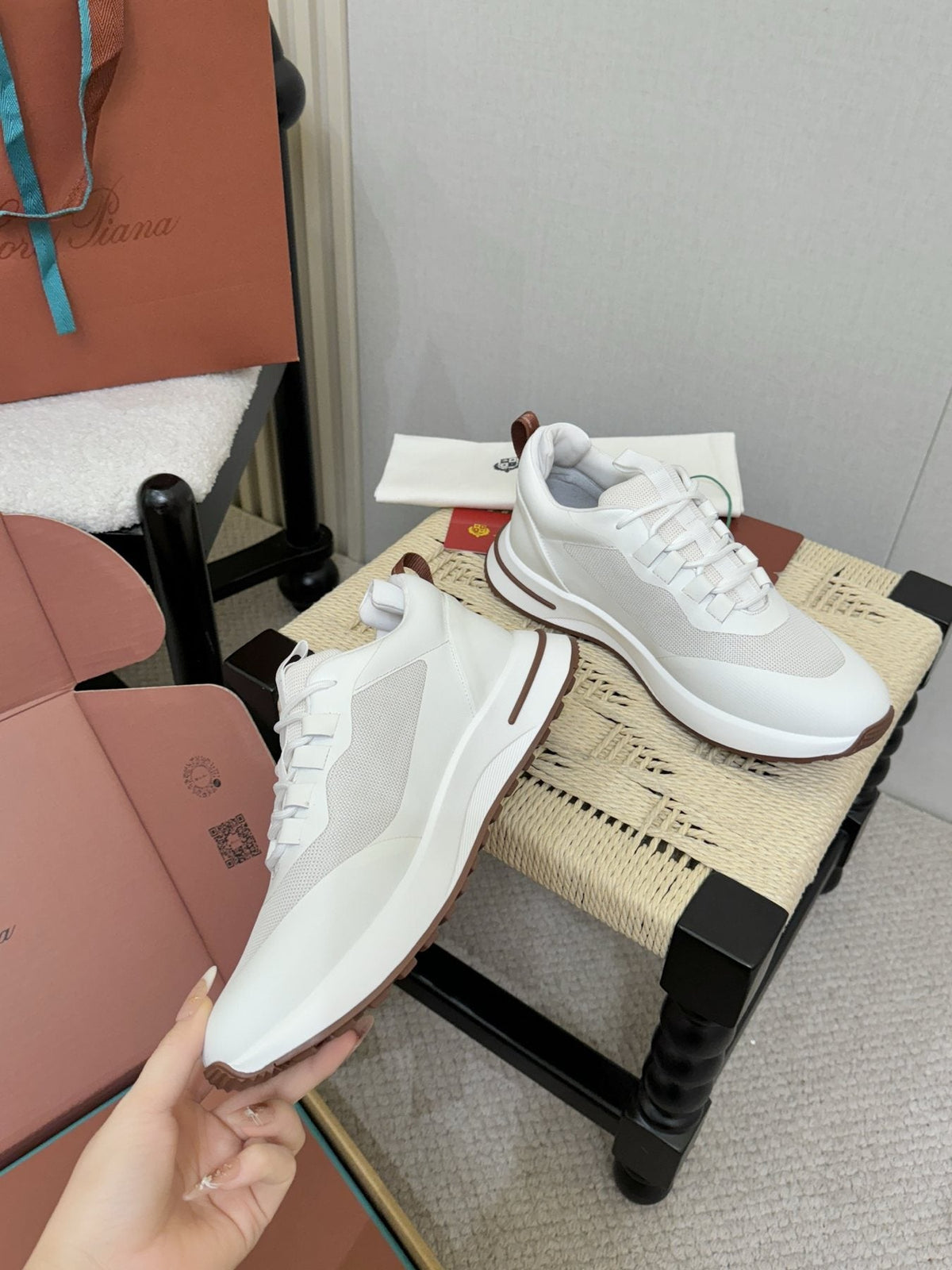 Loro Piana White and Gray Low-Top Sneakers — side