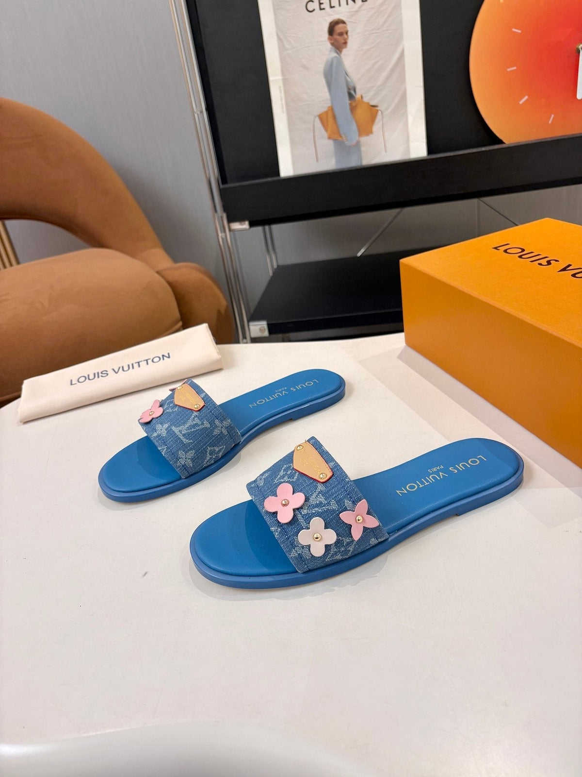 Louis Vuitton Blue Floral Slide Sandals — side