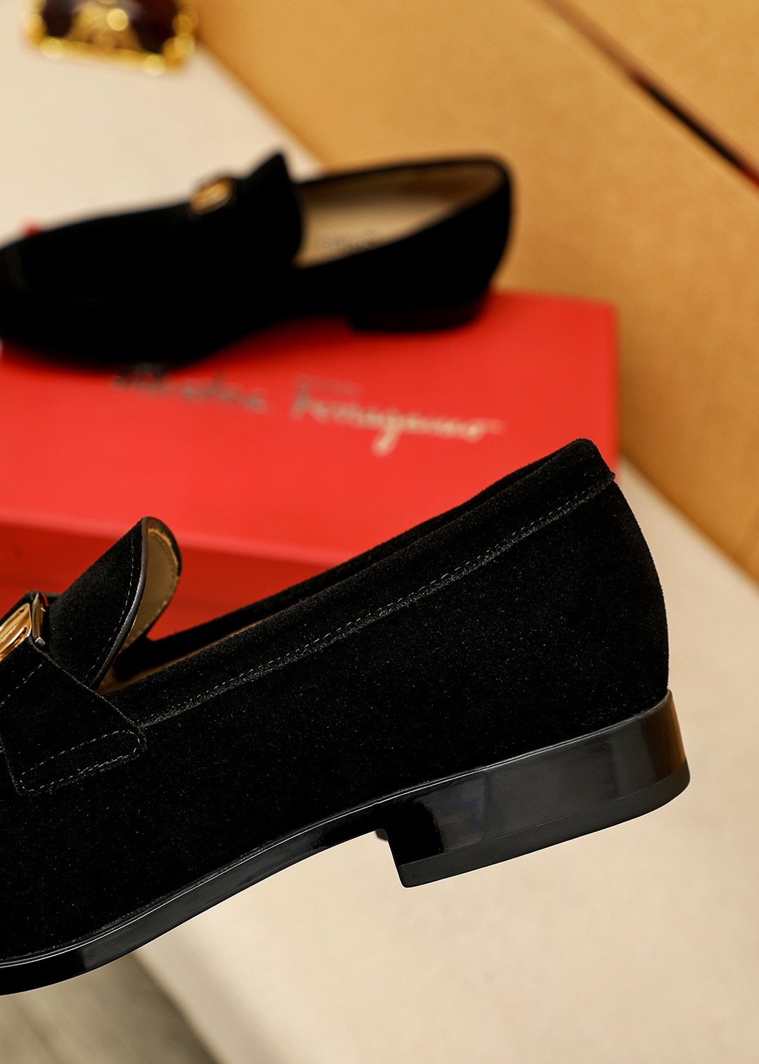 Ferragamo Black Buckle Slip-On Loafers — detail