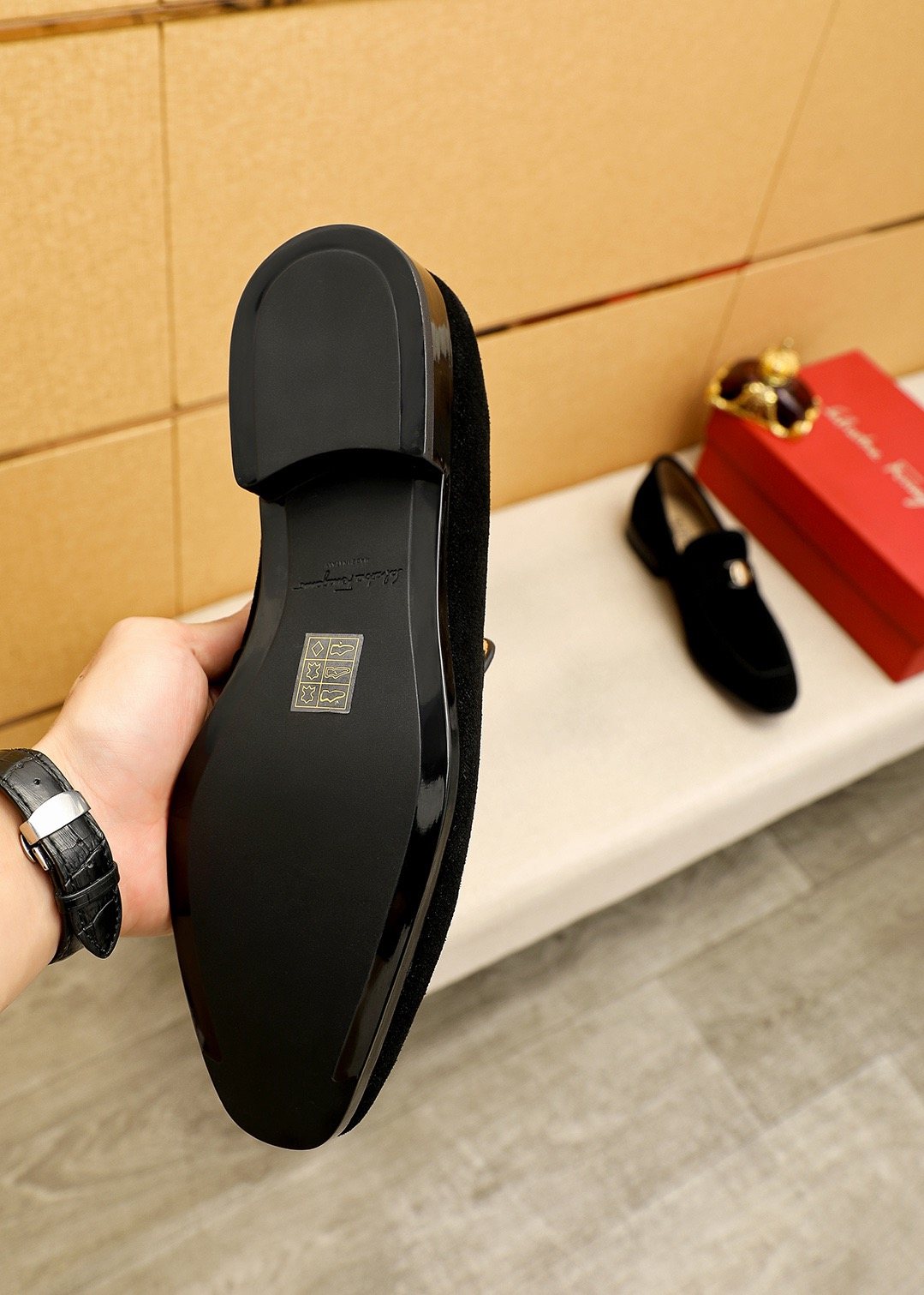 Ferragamo Black Buckle Slip-On Loafers — side