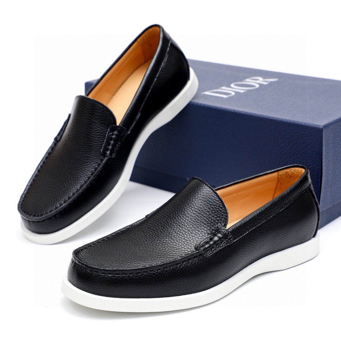 Dior Black Textured Leather Slip-On Loafers — front