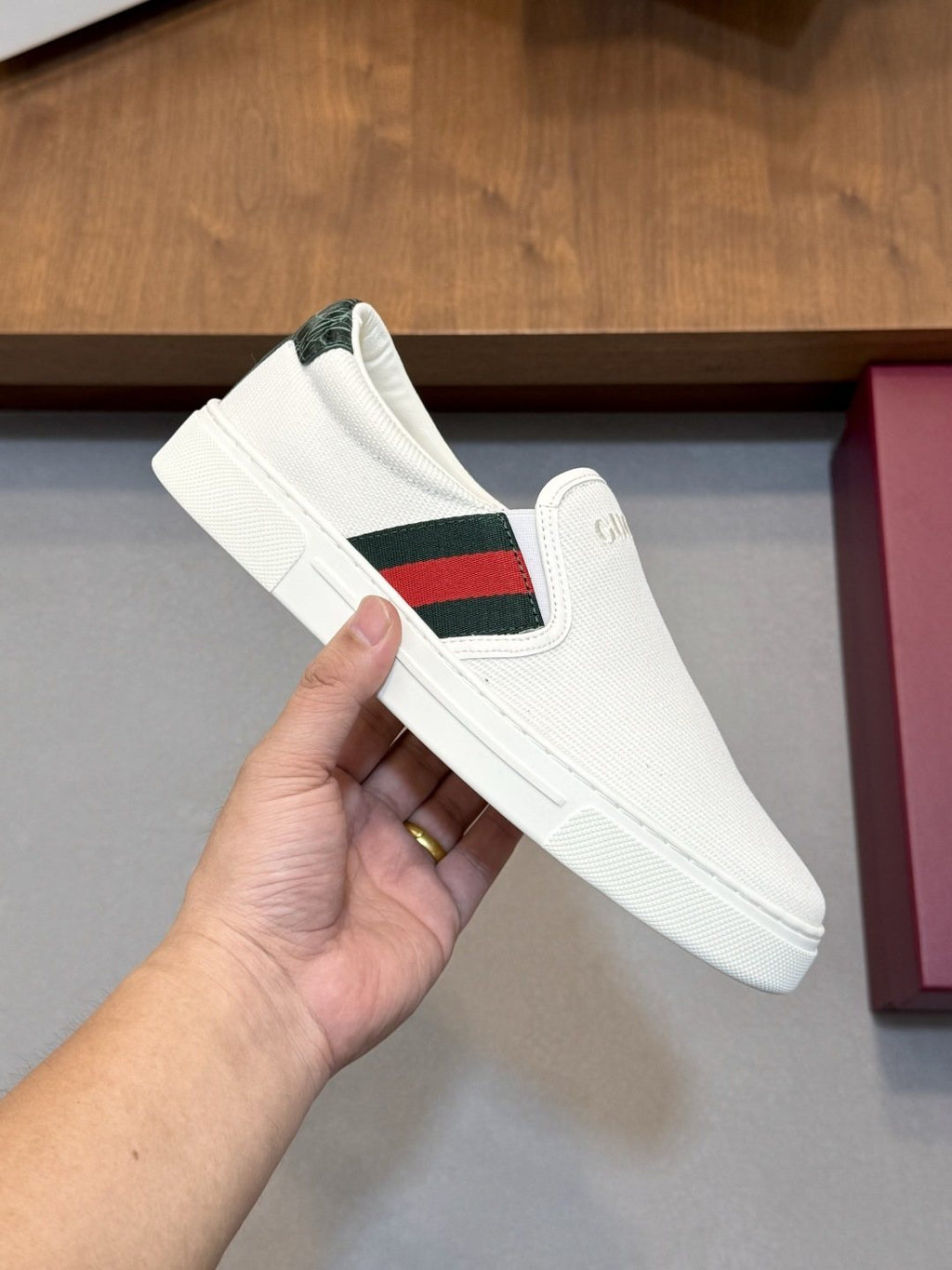 Gucci White Stripe Slip-On Sneakers — side
