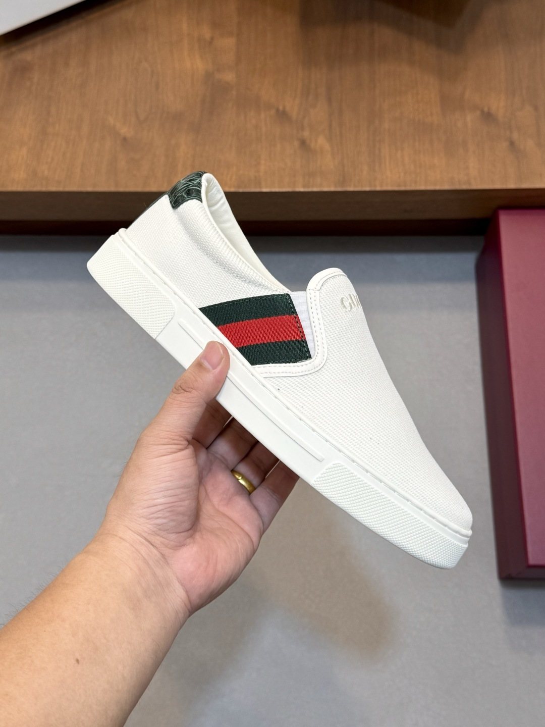 Gucci White Stripe Slip-On Sneakers — side