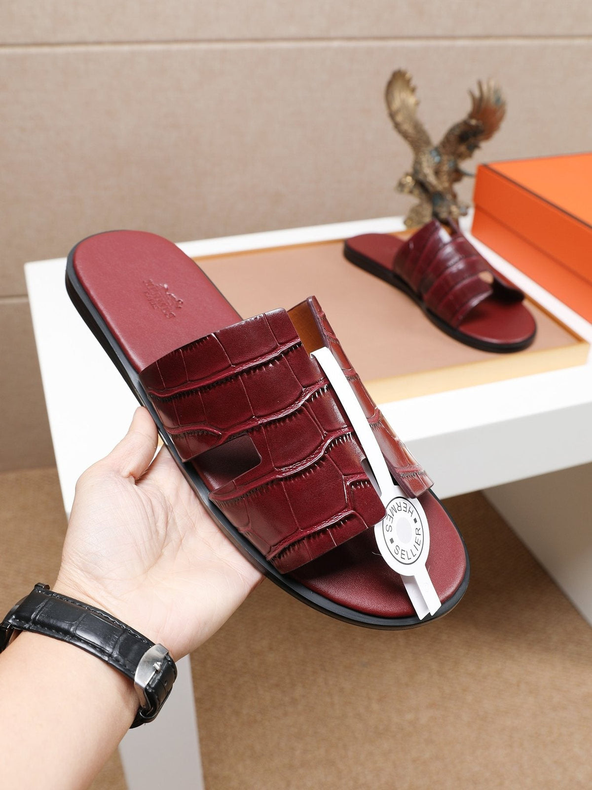 Hermès Burgundy Textured H Slide Sandals — model