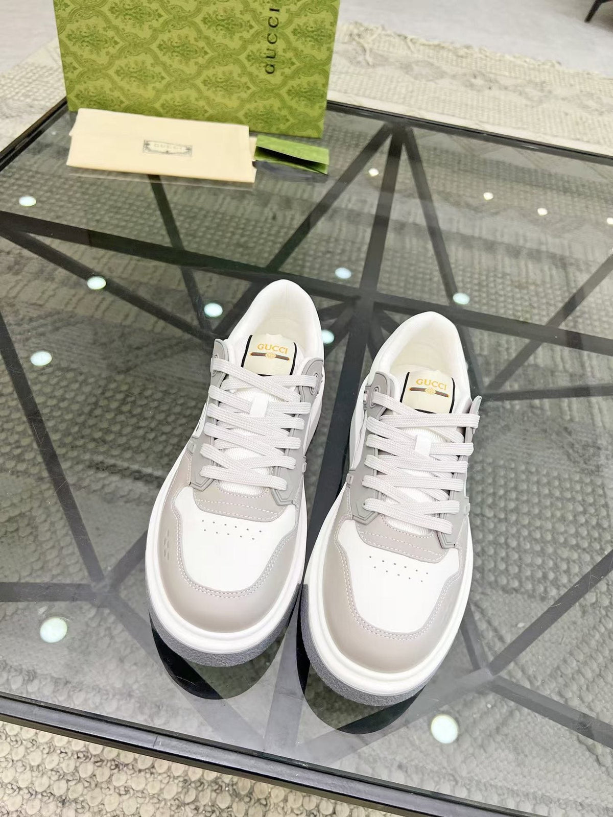 Gucci White and Light Gray Low-Top Sneakers — front