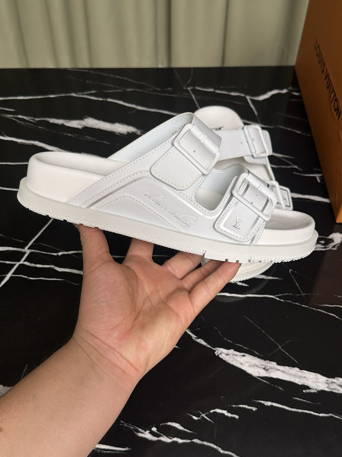 Louis Vuitton White Double-Buckle Slide Sandals — side