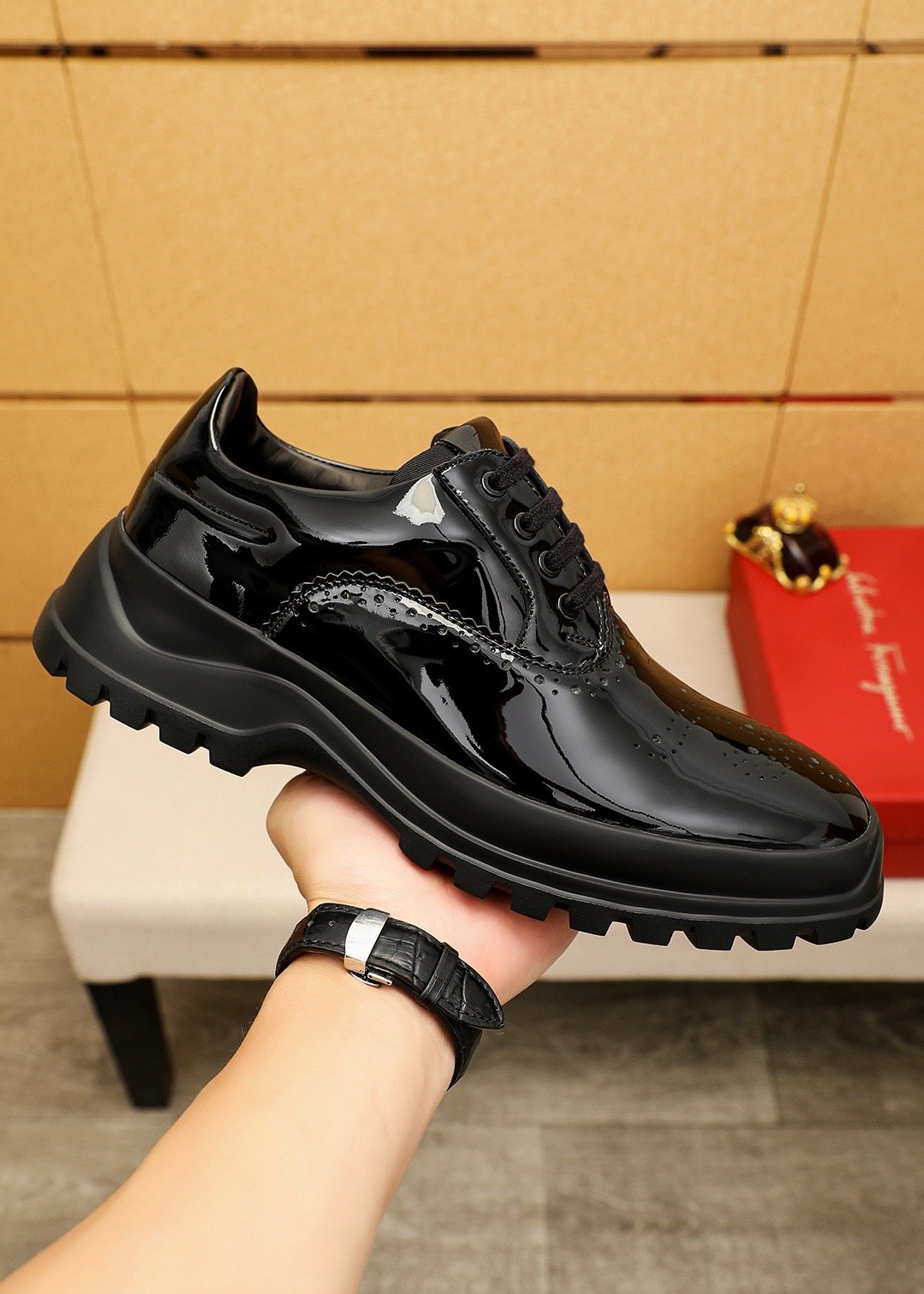 Ferragamo Black Patent Lace-Up Shoes — model
