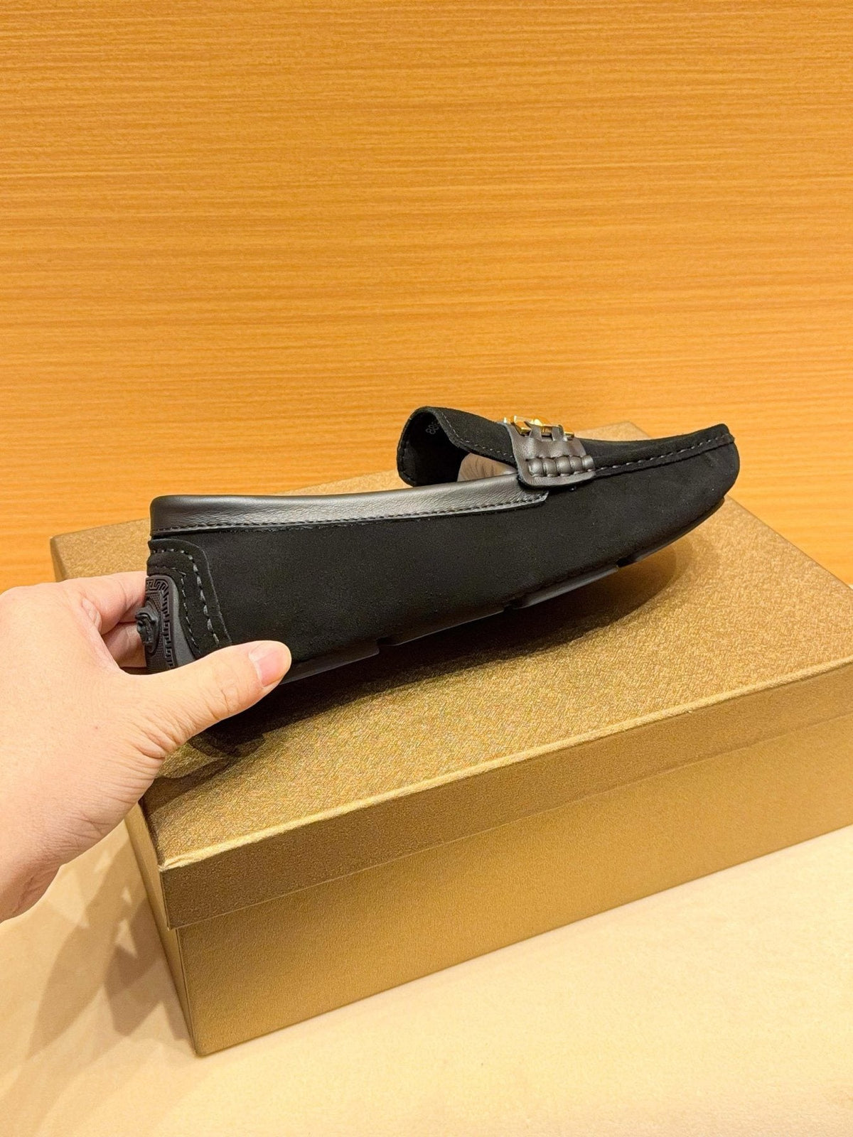 Versace Black Gold Buckle Loafers — side