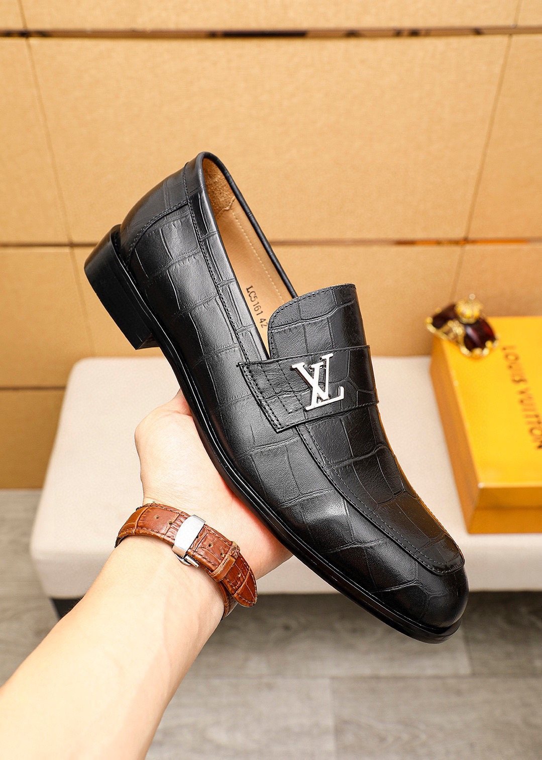 Louis Vuitton Black Embossed Loafers — model