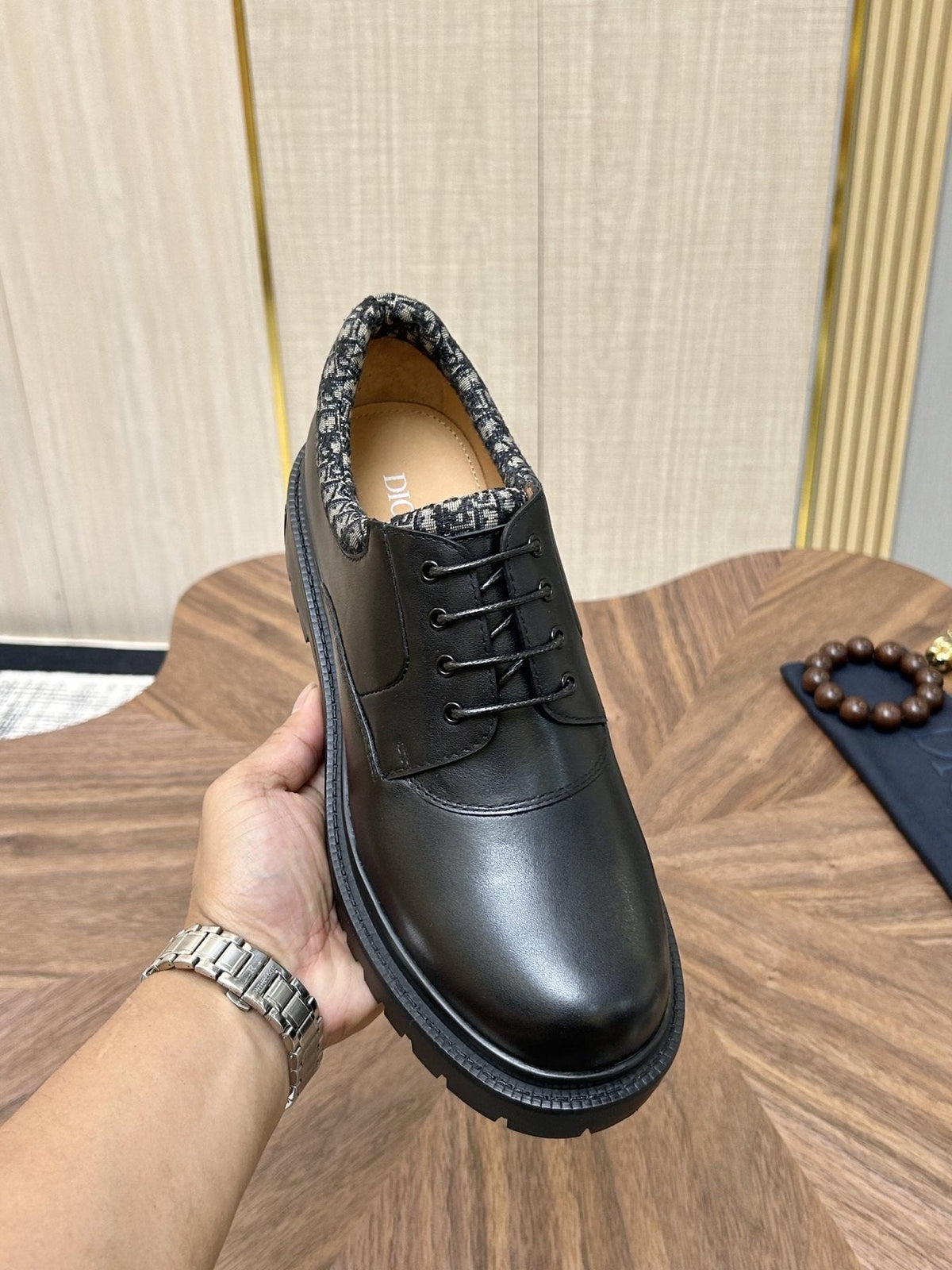 Dior Black Patterned-Collar Lace-Up Shoes — front
