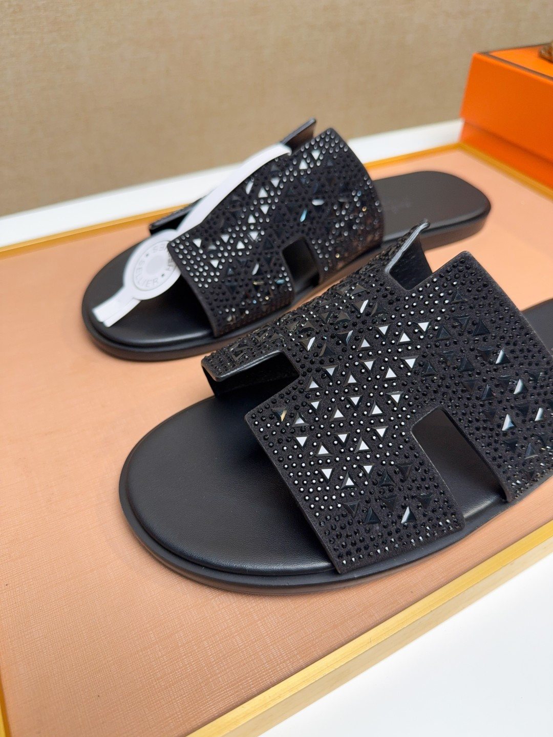 Hermès Black Perforated H-Strap Slide Sandals — detail