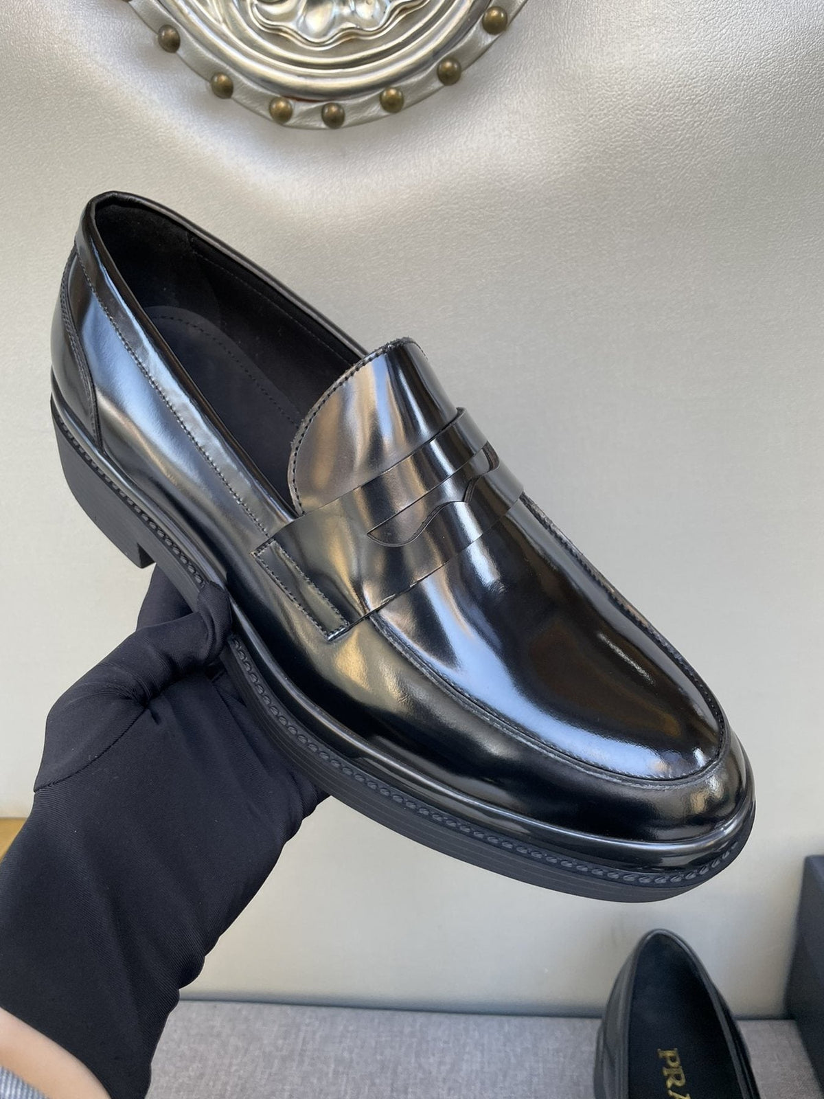 Prada Black Glossy Strap Loafers — model