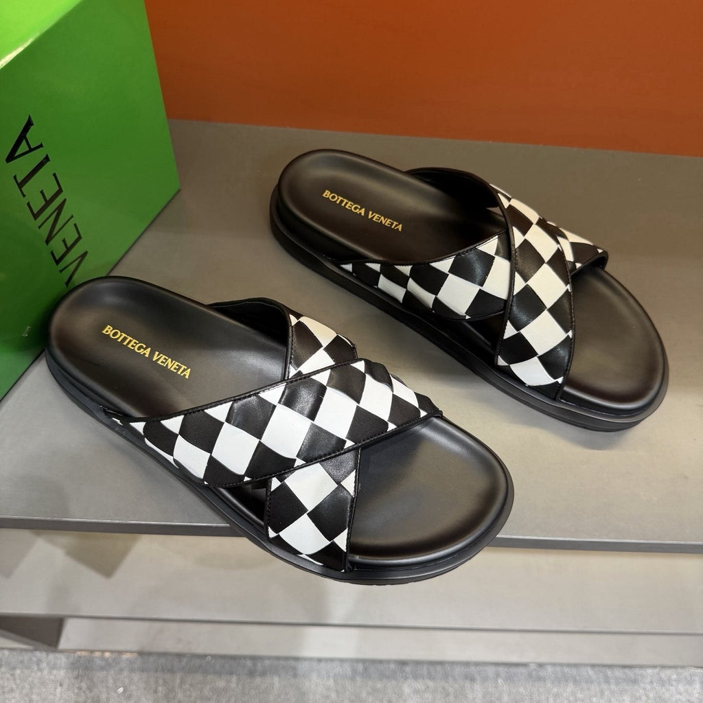 Bottega Veneta Woven Checkerboard Slide Sandals — front