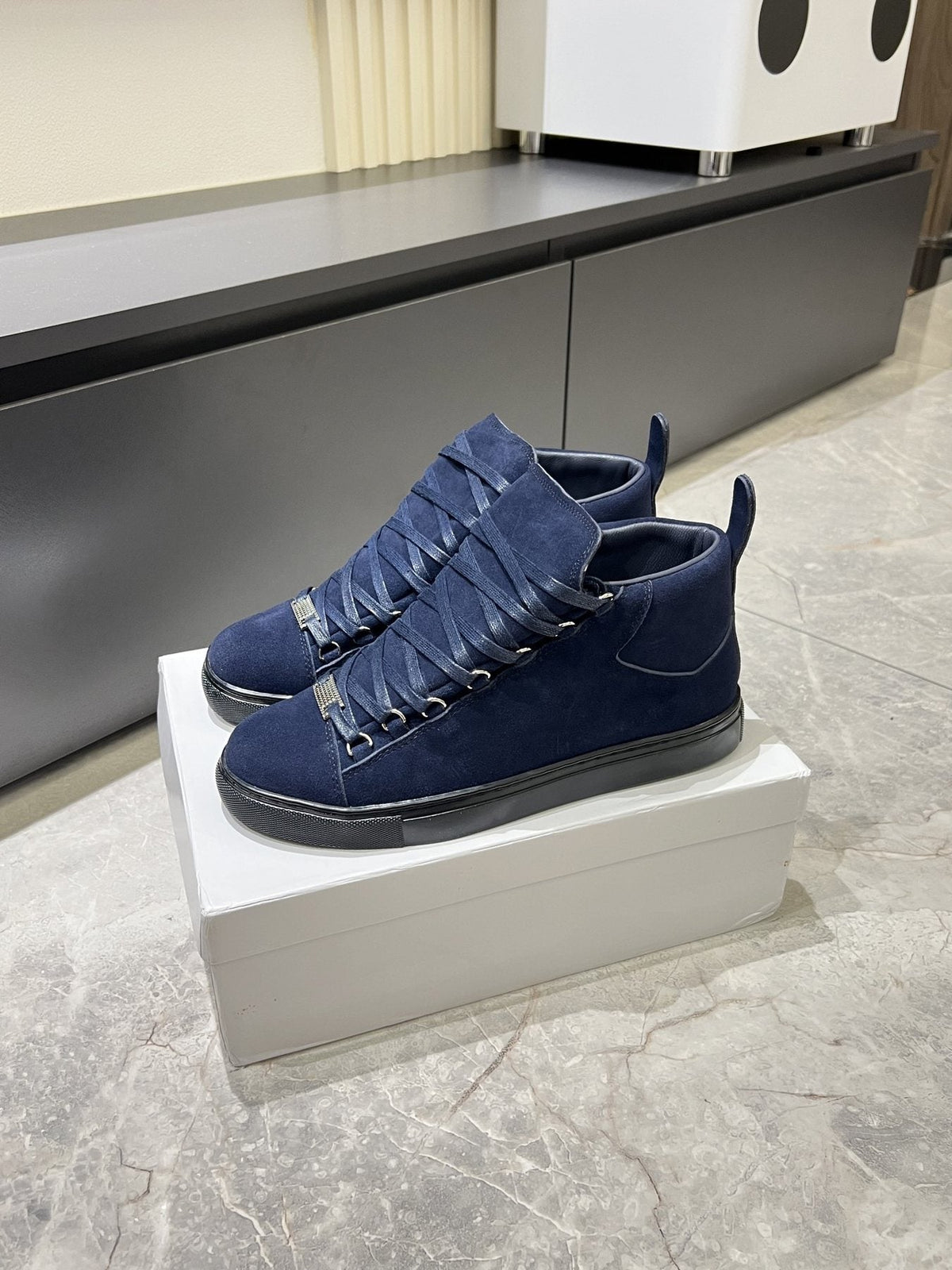 Balenciaga Navy Blue Lace-Up High-Top Sneakers — side