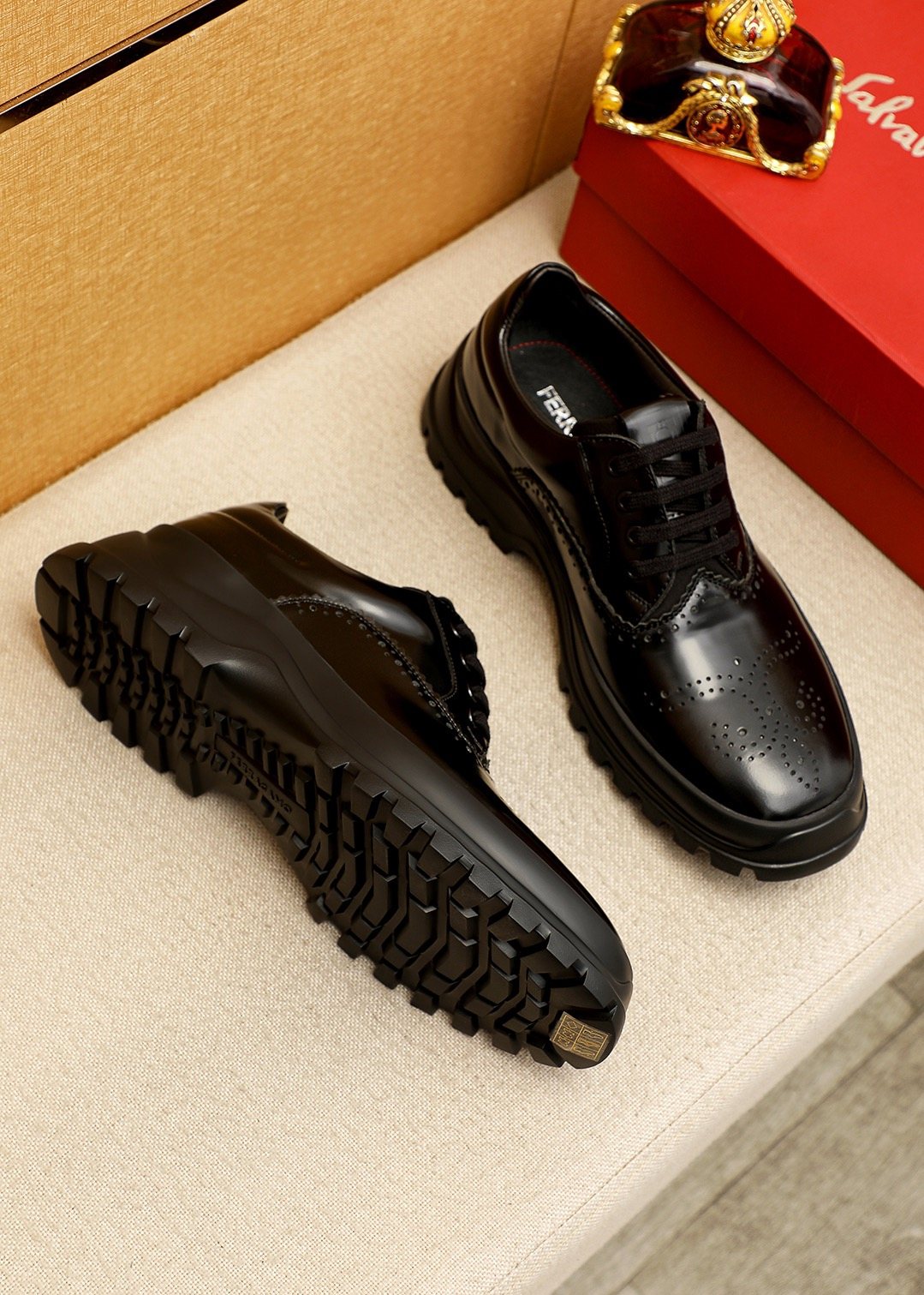 Ferragamo Black Perforated Lace-Up Shoes — side