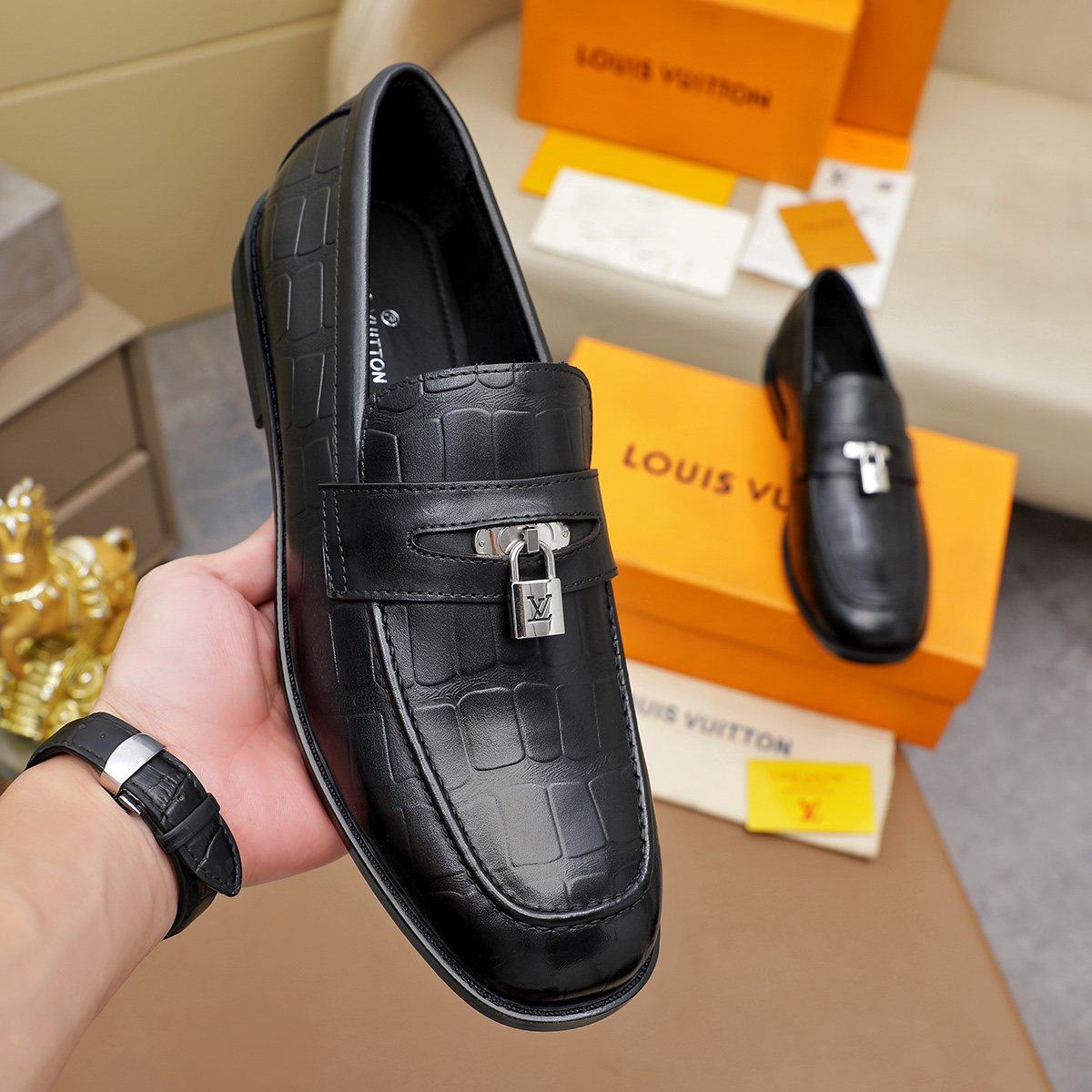 Louis Vuitton Embossed Bar Loafers — model