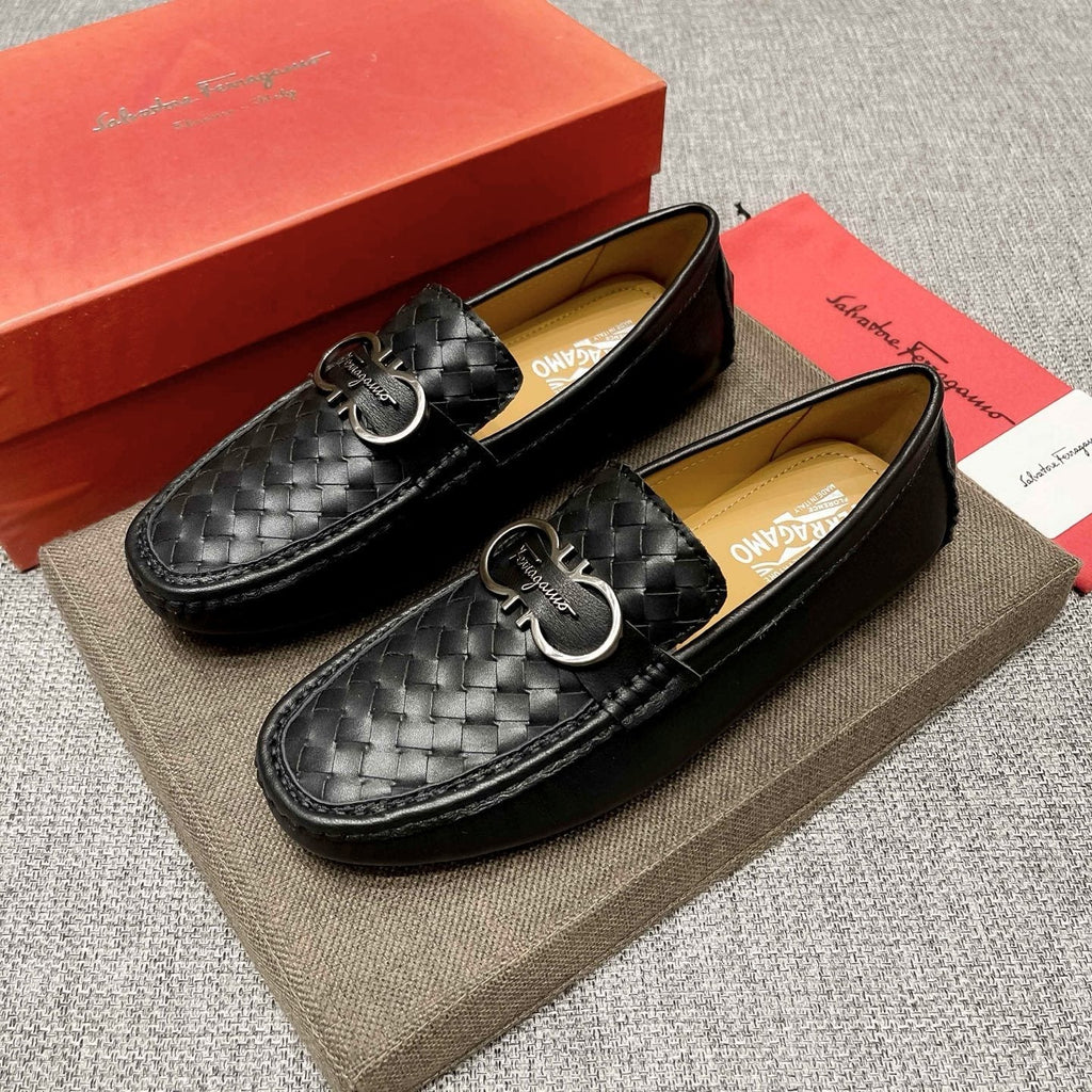 Ferragamo Black Woven Driving Loafers — front