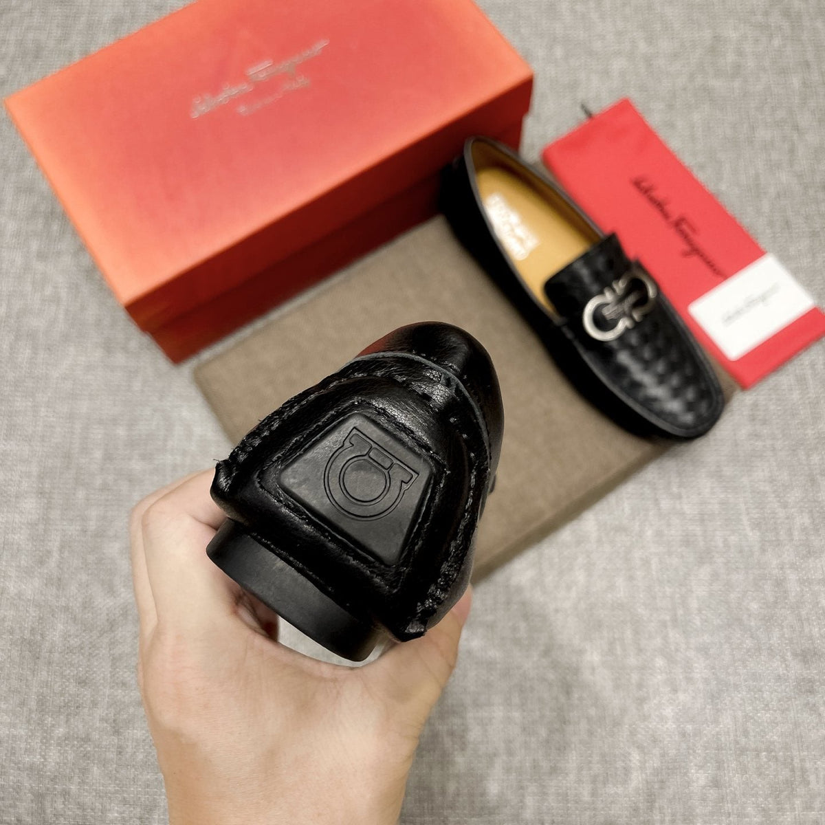 Ferragamo Black Woven Driving Loafers — detail