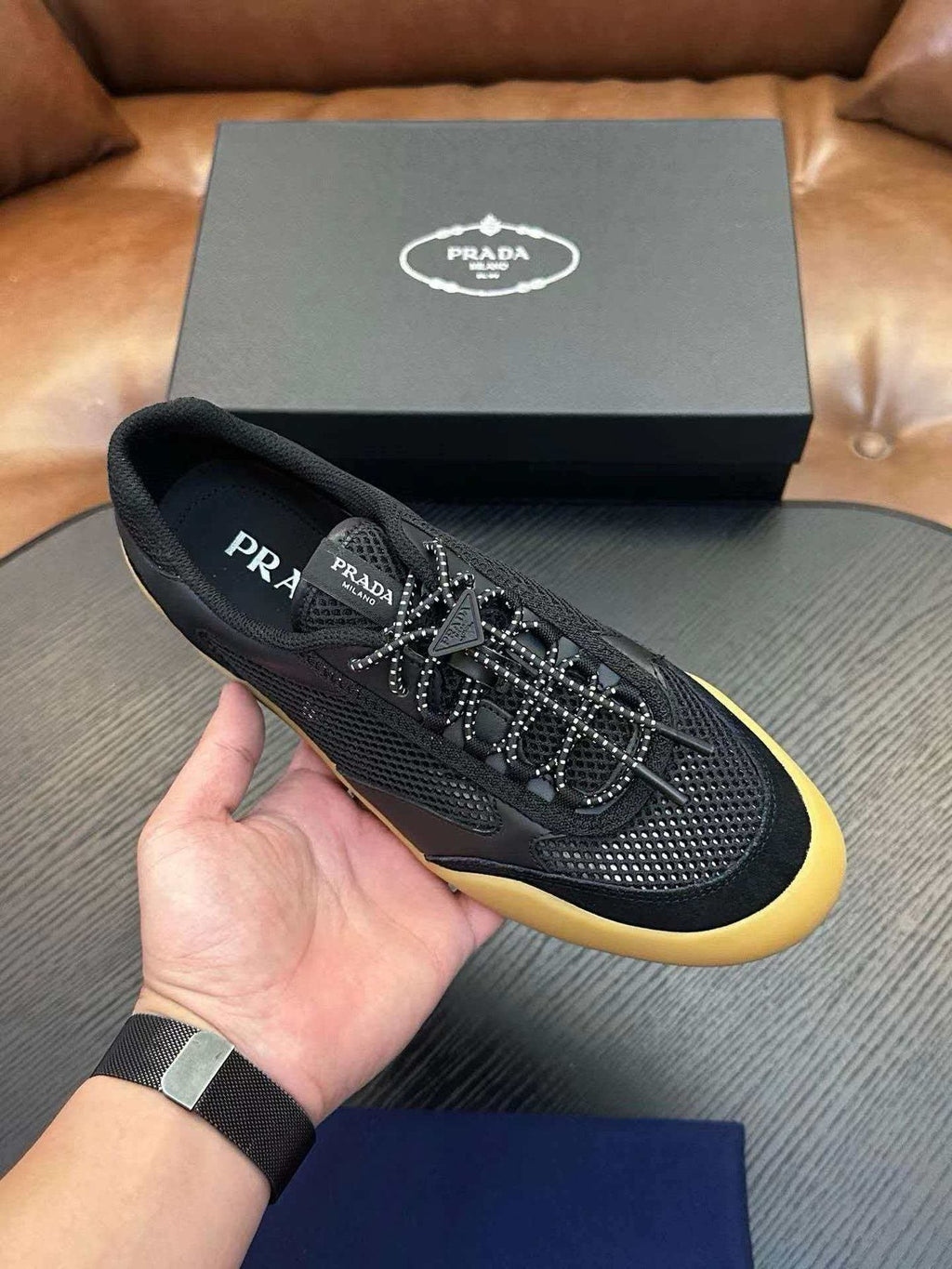 Prada Black Yellow-Sole Sneakers — side