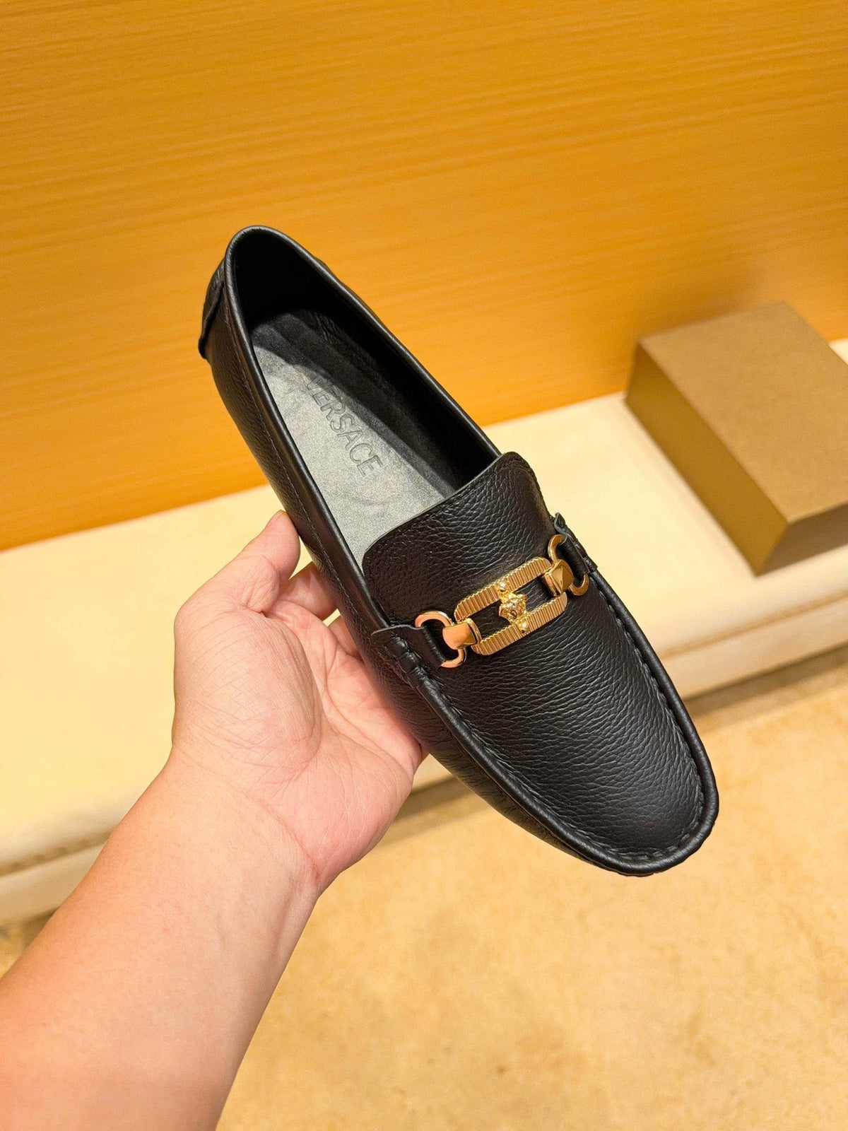 Versace Black Textured Hardware Loafers — front