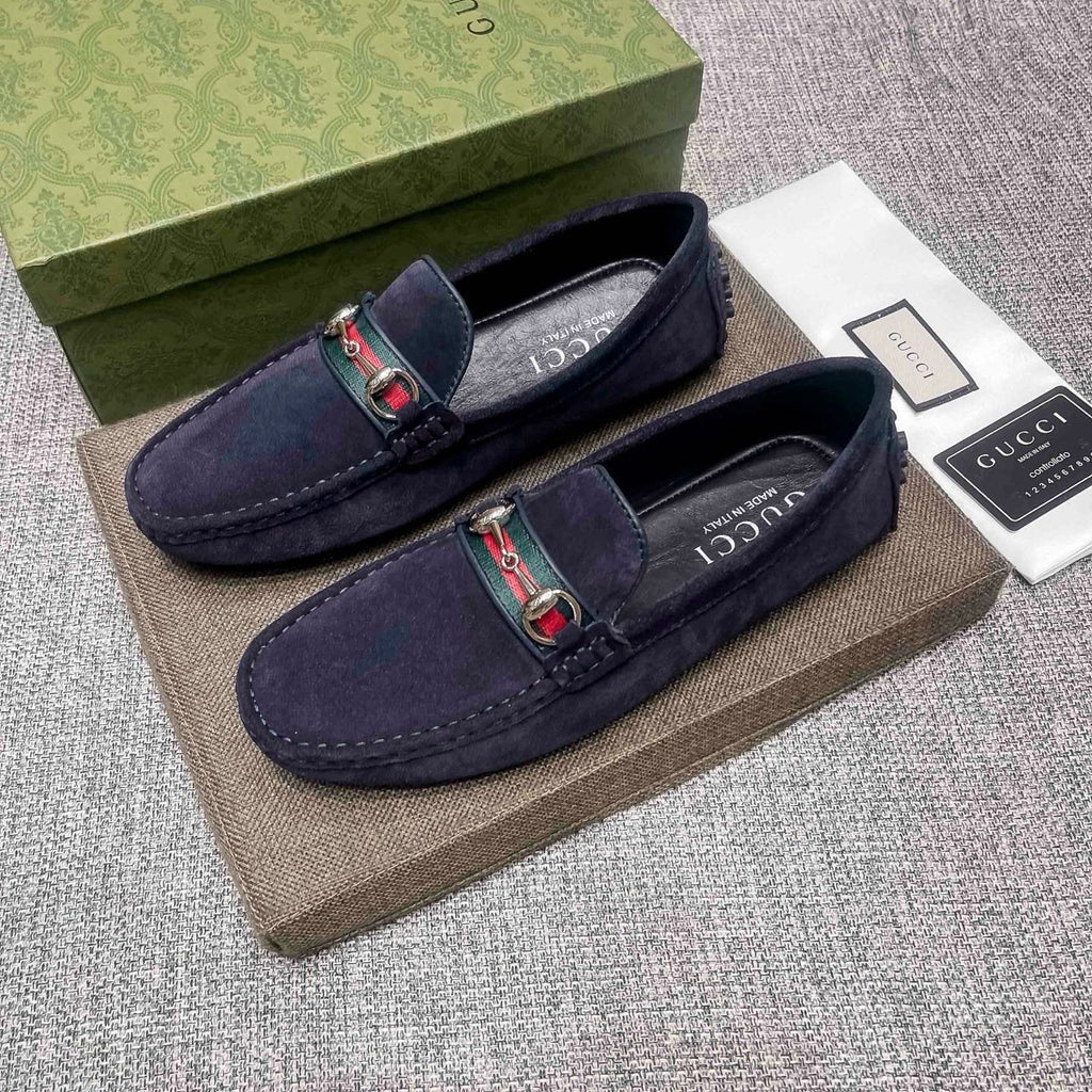 Gucci Navy Striped-Bit Driving Loafers — side