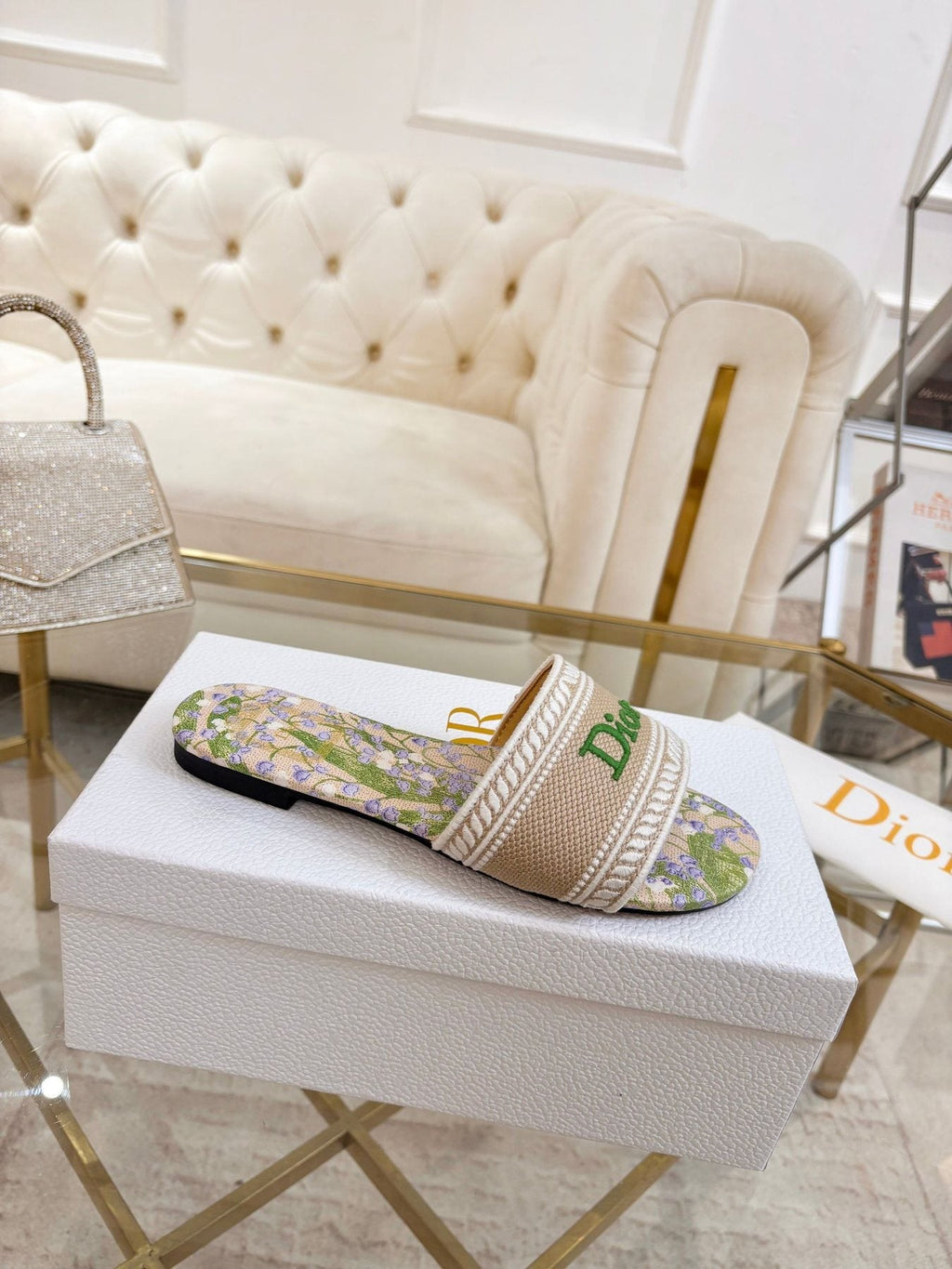 Dior Beige Floral Embroidered Slide Sandals — front