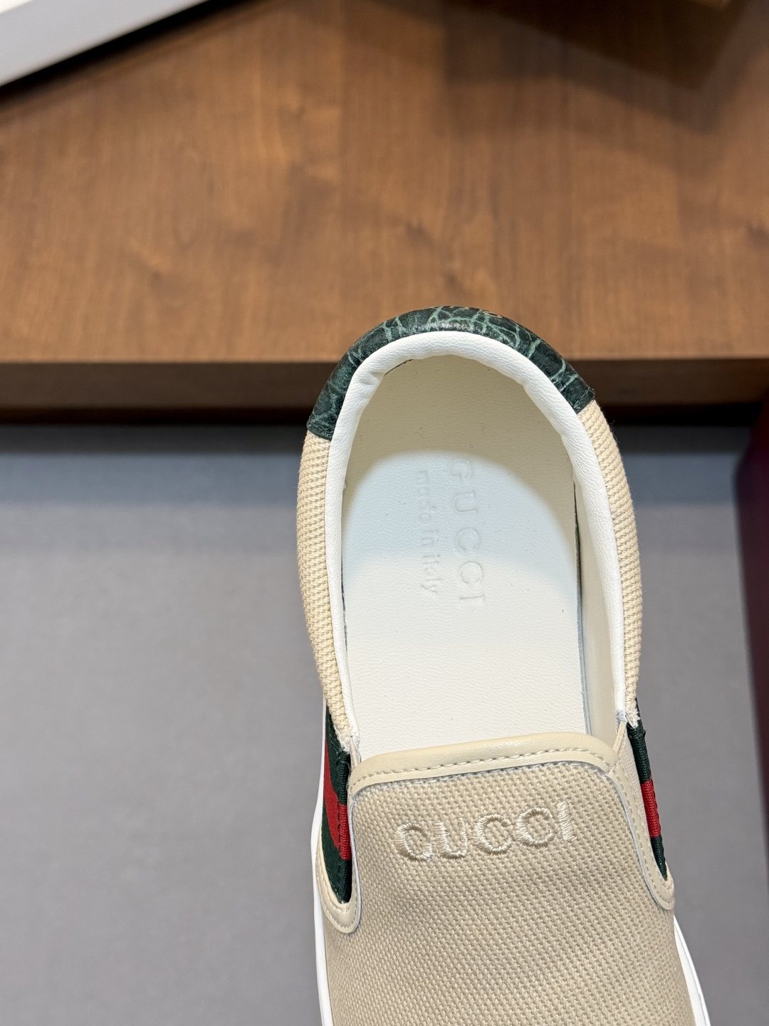 Gucci Beige Web Stripe Slip-On Sneakers — label