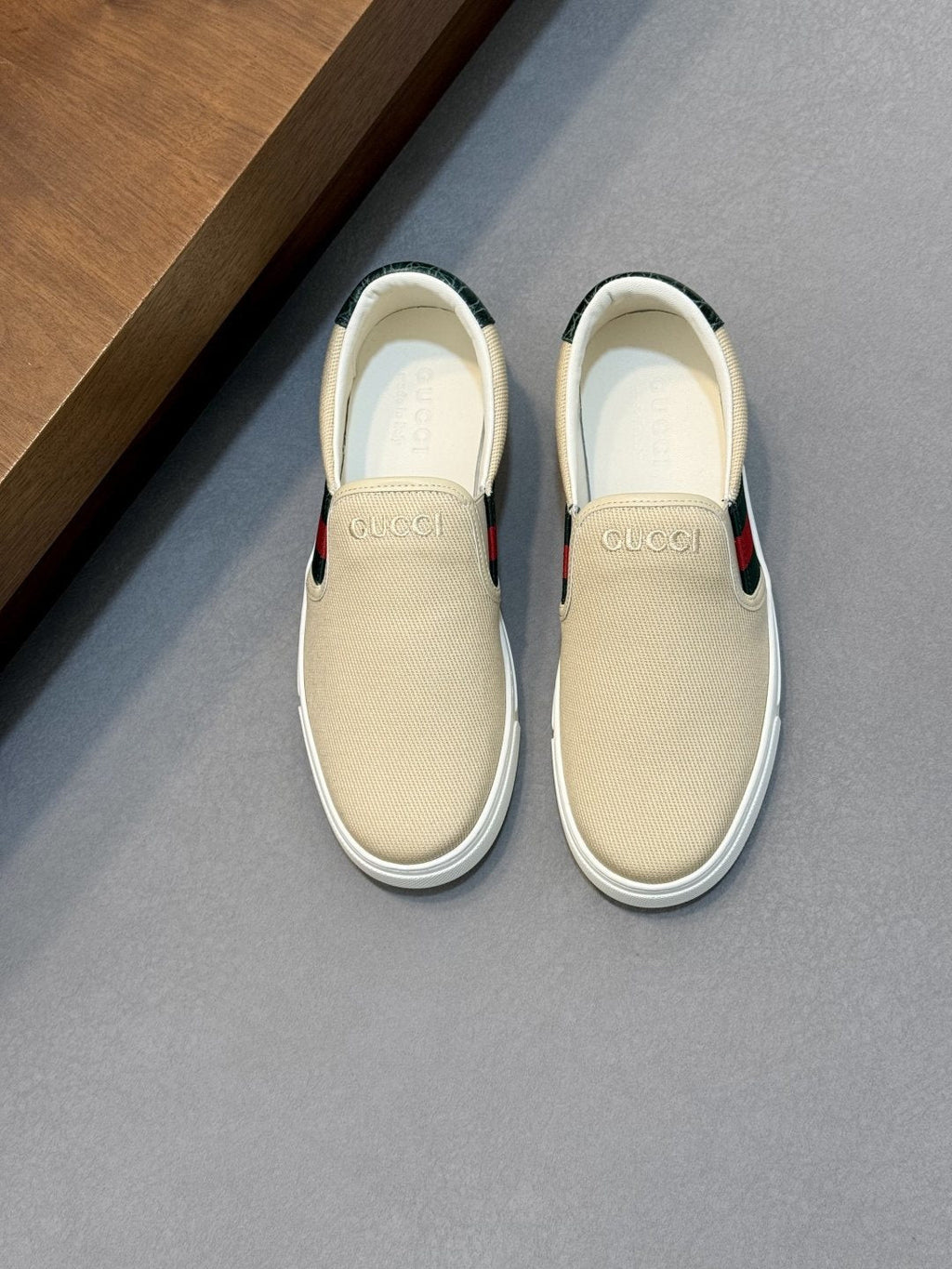 Gucci Beige Web Stripe Slip-On Sneakers — hero