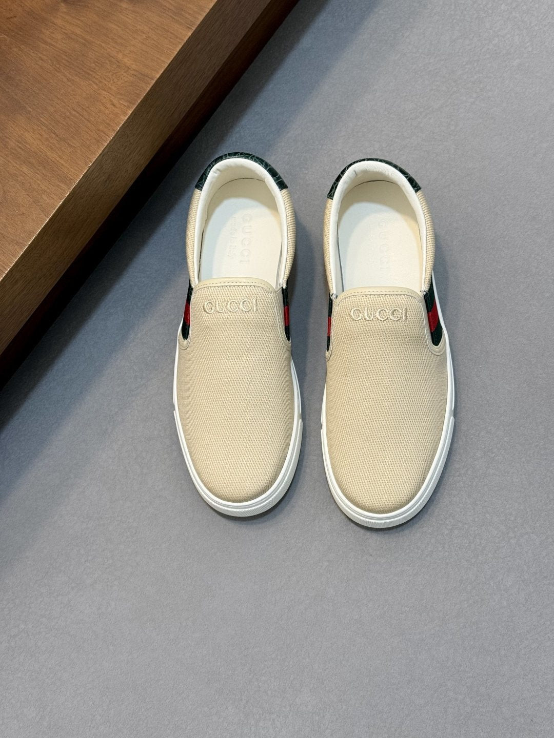 Gucci Beige Web Stripe Slip-On Sneakers — hero