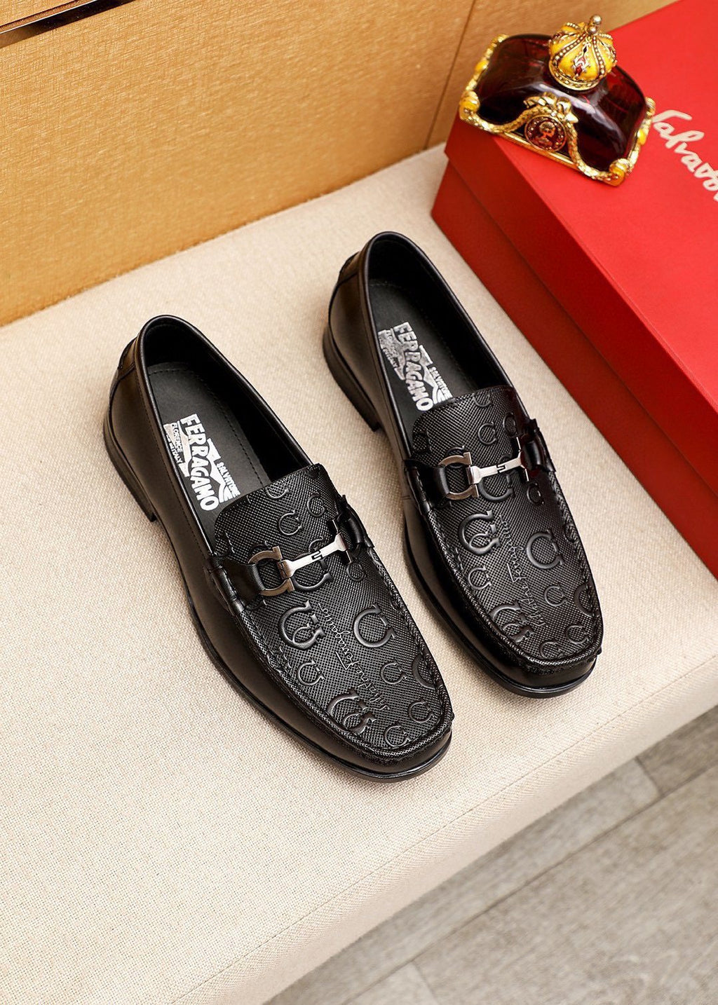 Ferragamo Black Embossed Buckle Loafers — hero