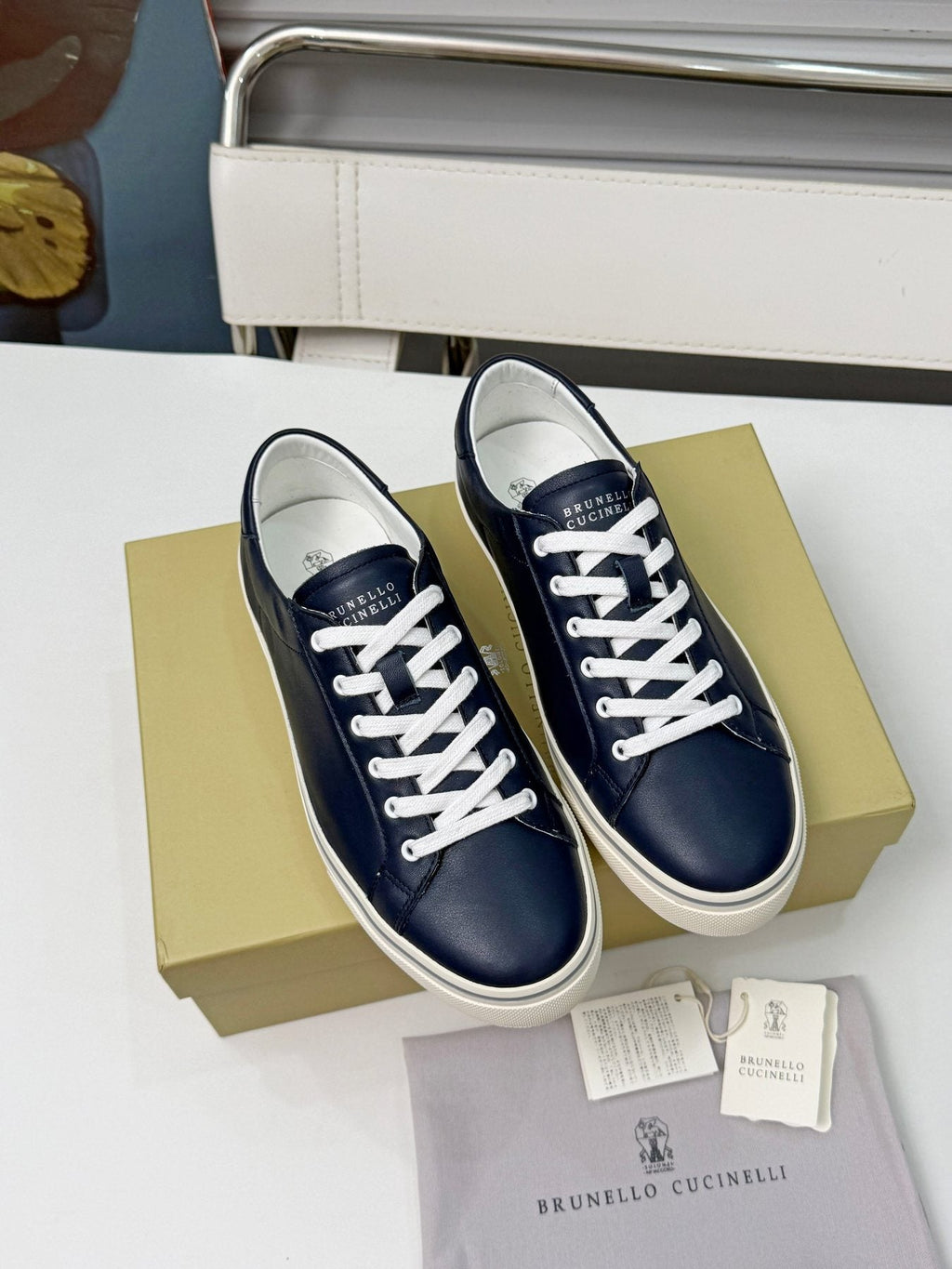 Brunello Cucinelli Navy Leather Low-Top Sneakers — front