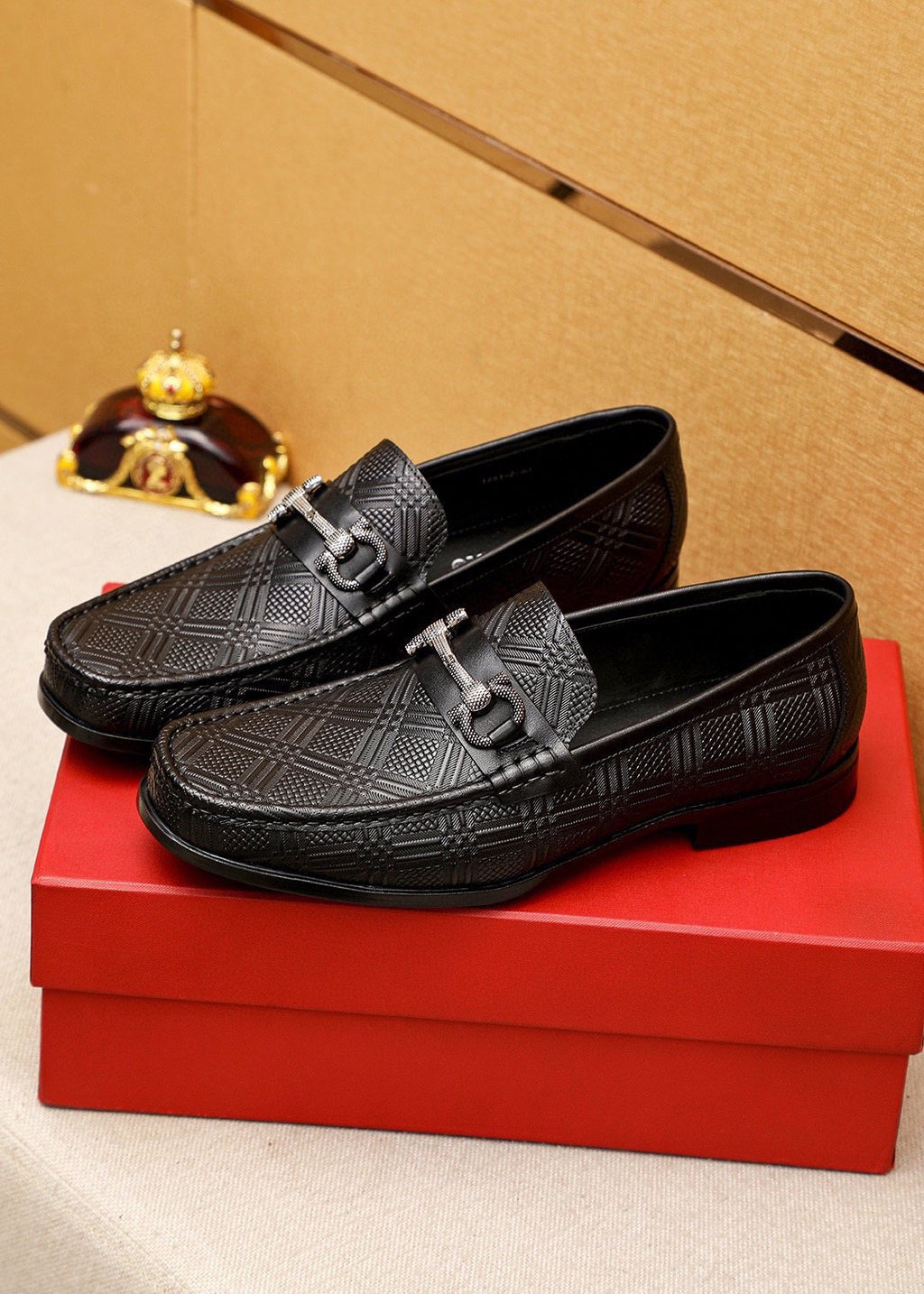 Ferragamo Black Embossed Buckle Loafers — front