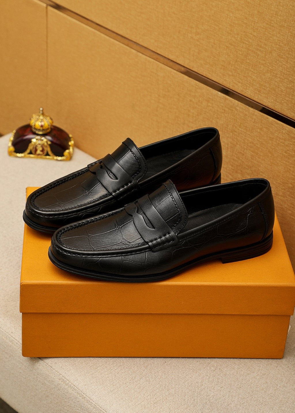 Louis Vuitton Black Textured Slip-On Loafers — front