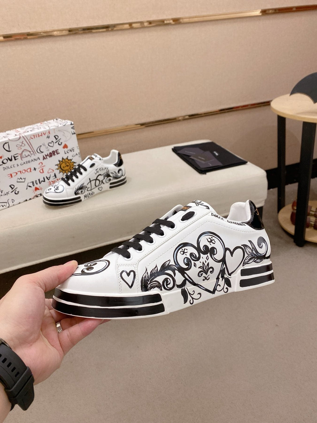 Dolce & Gabbana White Graphic Lace-Up Sneakers — side