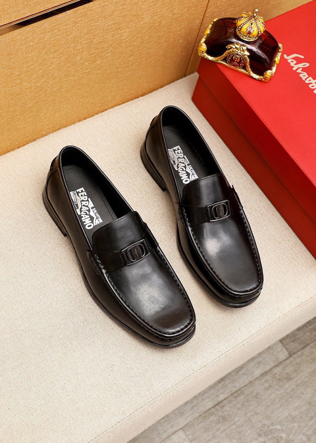 Ferragamo Black Buckle Loafers — hero