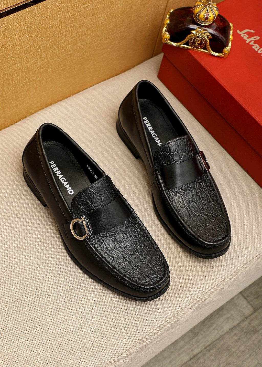 Ferragamo Textured Metal Bit Leather Loafers — front