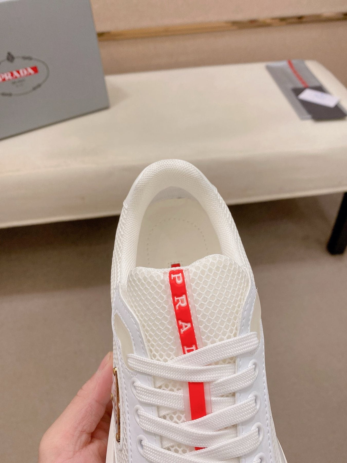 Prada White Red Accent Low-Top Sneakers — detail