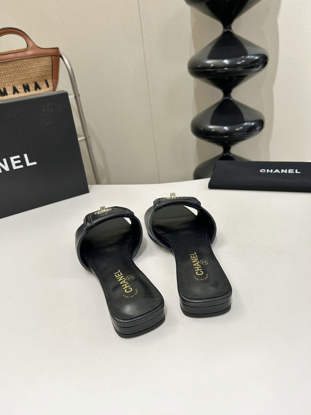 Chanel Square-Toe Leather Slide Sandals — back
