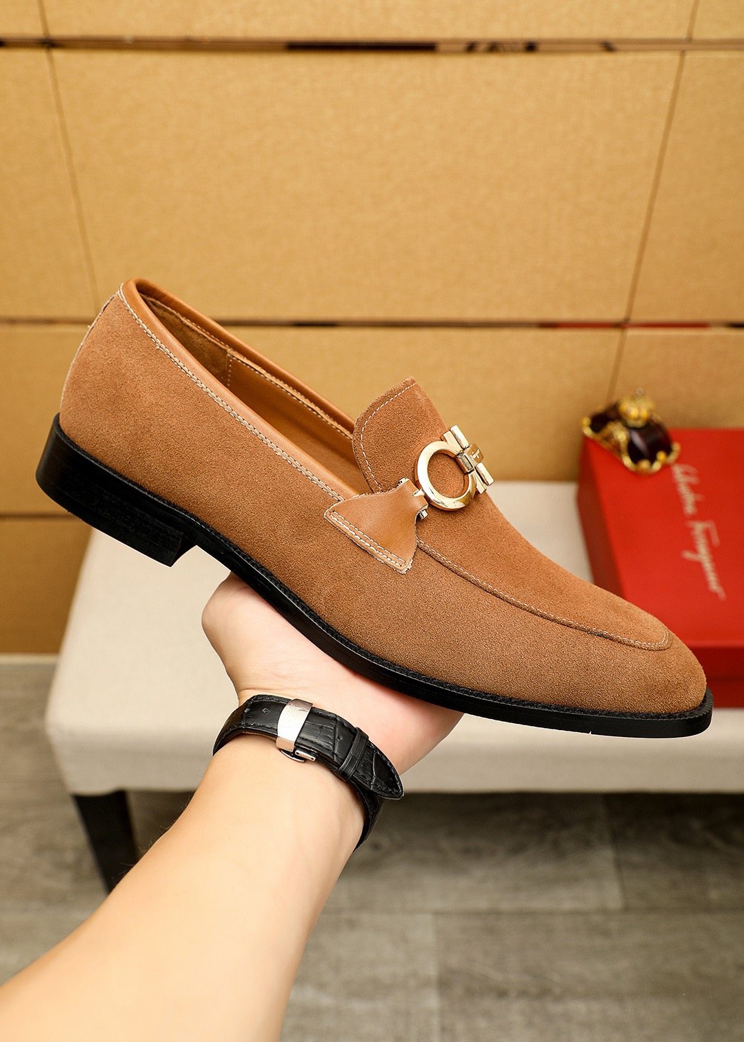 Ferragamo Black Metal Buckle Loafers — model